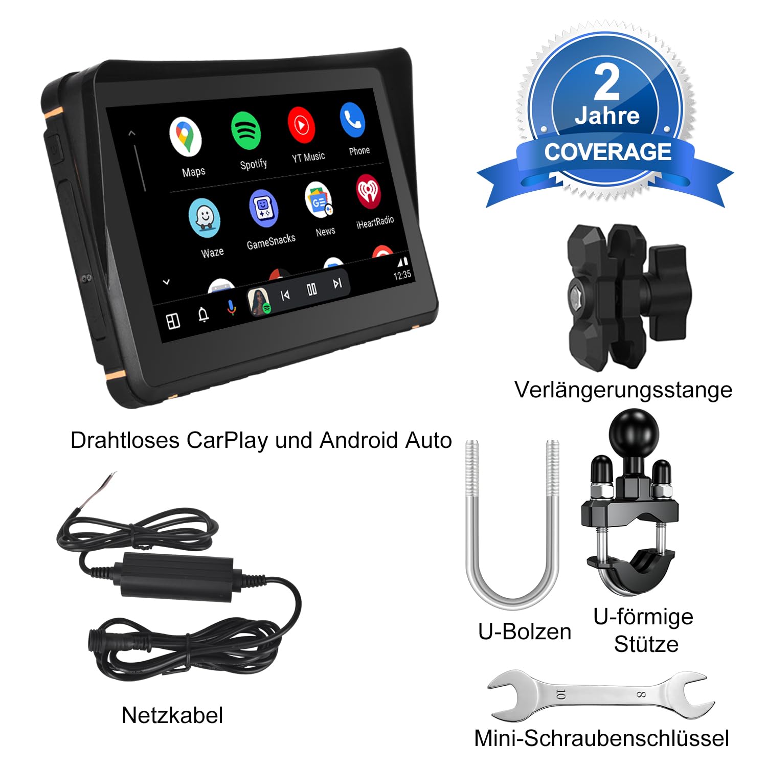 Kabelloser CarPlay für Motorrad, Tragbares Android Auto für Motorräder, 7 Zoll Motorrad GPS Navigation mit IP67 Wasserdichter, Duales Bluetooth/Sprachsteuerung/Navigation/FM/Mirror-Link