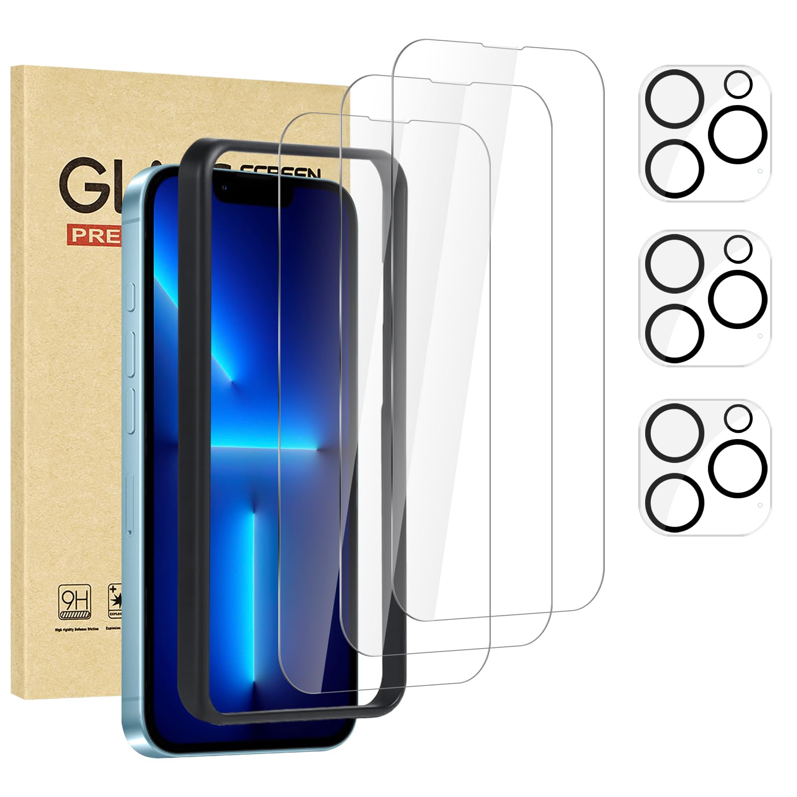 3-pak ochraniaczy ekranu do iPhone'a 13 Pro z 3 osłonami obiektywu aparatu z ramką instalacyjną, folia ze szkła hartowanego premium o twardości 9H, odporna na zarysowania, bez pęcherzyków
