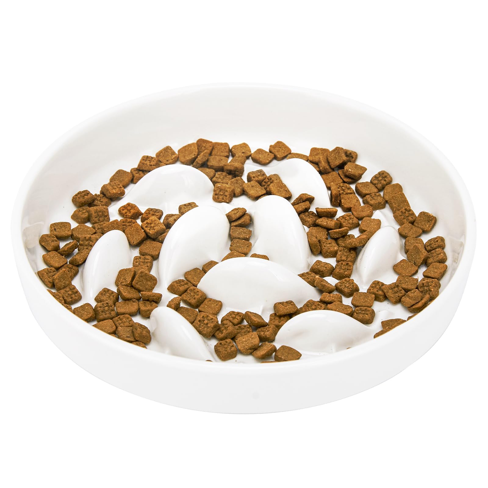 GUWINA Ceramic Slow Feeder Cat Bowl, 6.3'' Wide Slow Eating Cat Bowl for Dry and Wet Food, Anti Gulping Shallow Pet Puzzle Feeder for Cats and Small Dogs, Dishwasher Safe for Healthy Eating (White)