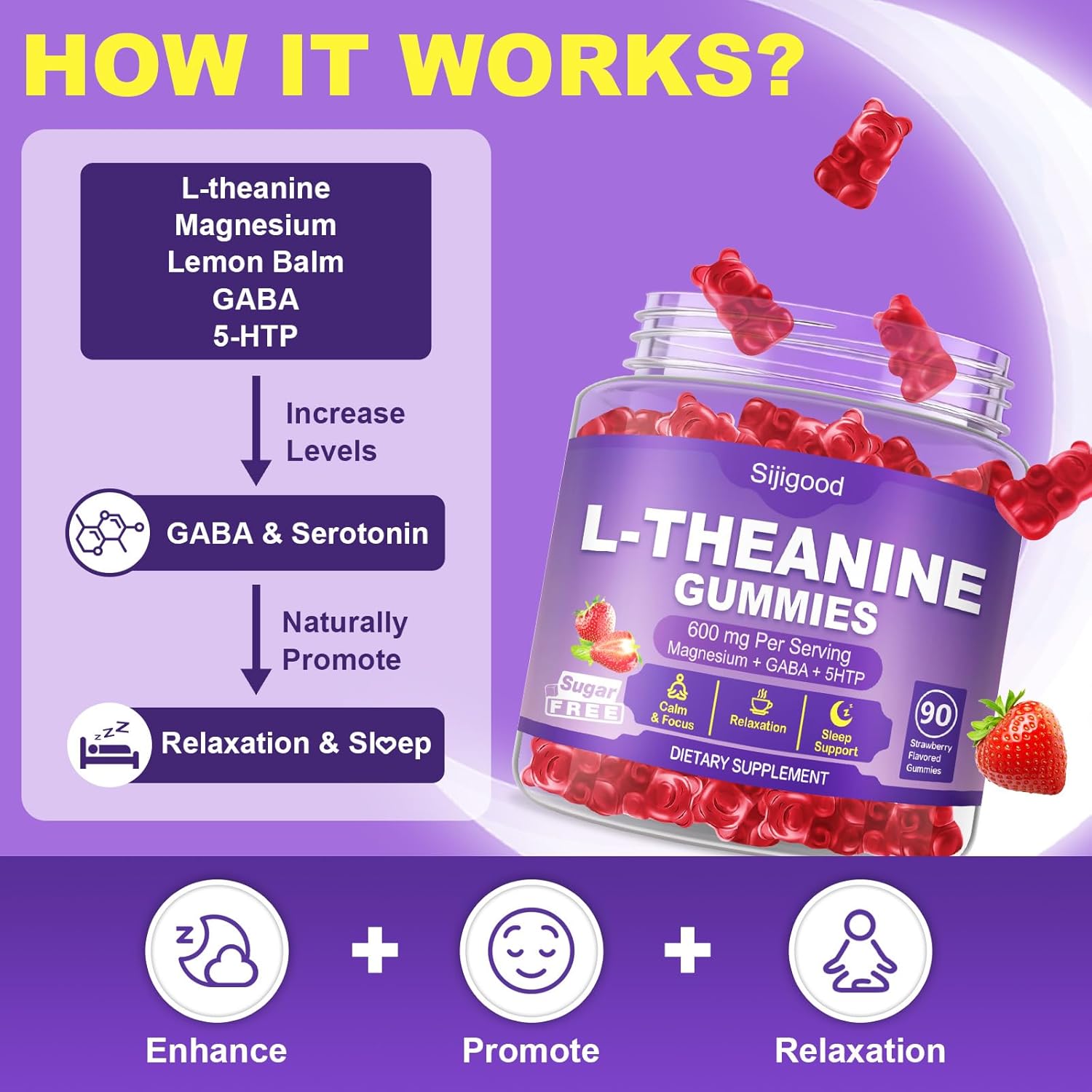 90 Count | L-Theanine Gummies for Kids & Adults - 600mg L Theanine Supplements with Ashwagandha, GABA & 5HTP - Support Natural Relaxation, Calm, Deep Zzz & Stress Relief, Strawberry Flavor - Image 5