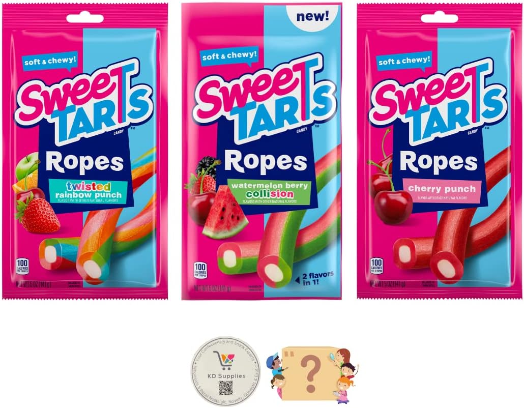 KD SuppliesSweeTarts Ropes Chewy Candy Variety Pack (Twisted Rainbow Punch, Cherry Punch & Collision Watermelon Berry) - Pack of 3 5oz Bags + Bonus Mystery Candy
