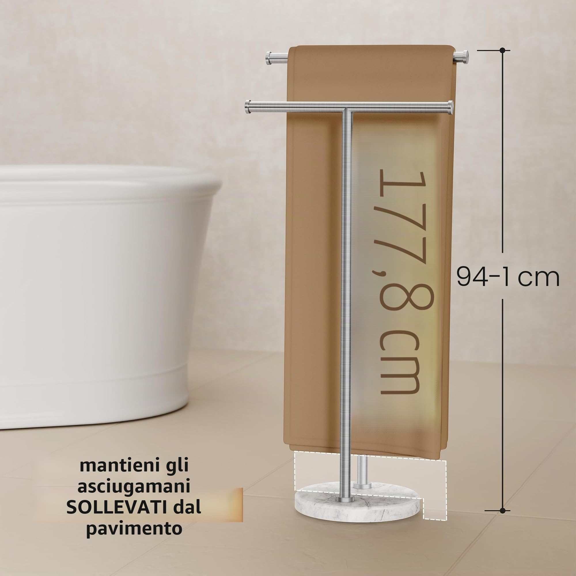 KES Portasciugamani autoportante a 2 ripiani con base rotonda in marmo naturale da 4,8 kg, portasciugamani da pavimento per pavimento del bagno, doppia forma a T, acciaio inossidabile 18/8, finitura