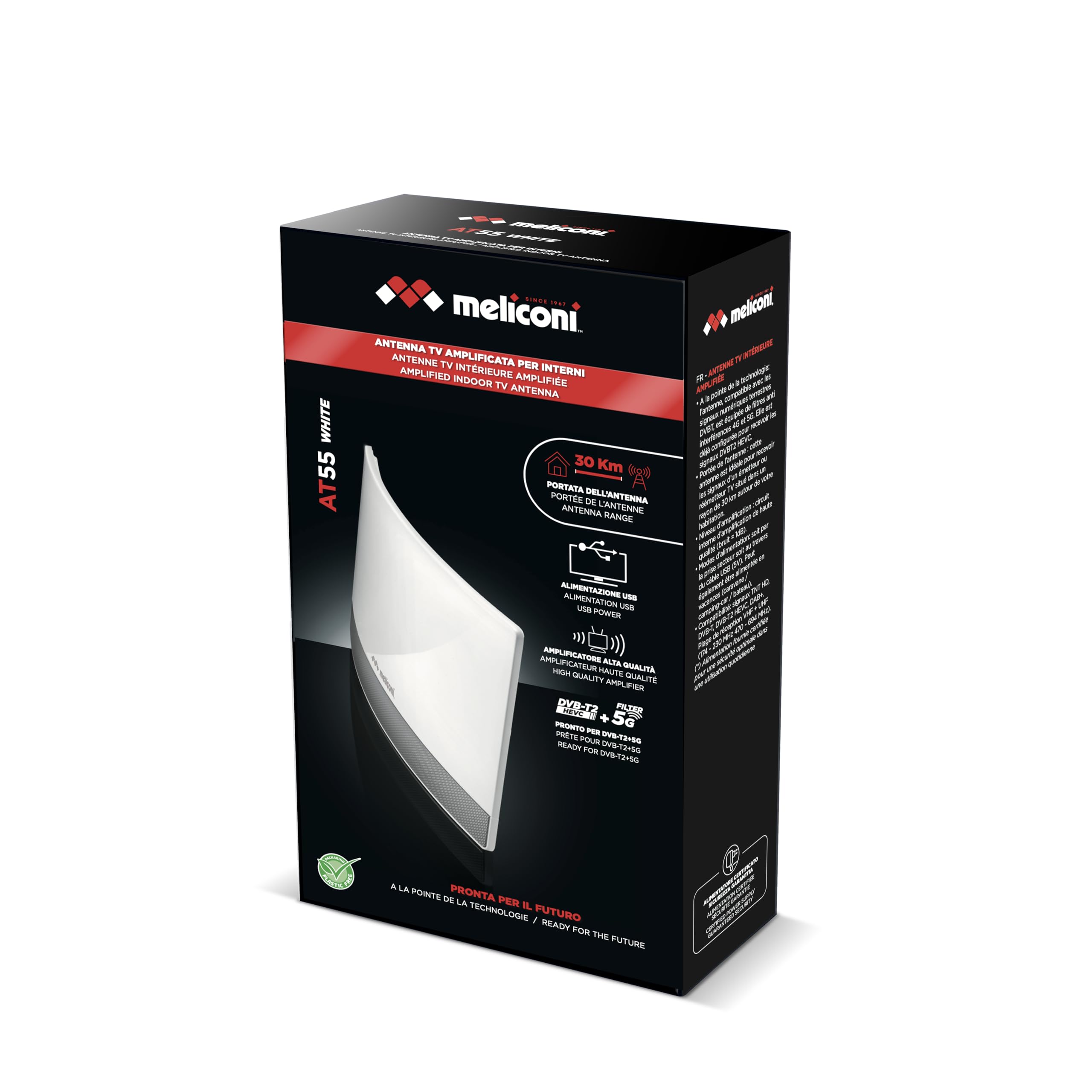 Meliconi | Antena de TV AT55 R1 USB - Antena de TV para Interiores con amplificación Ajustable. Ya está Lista para DVBT2 y 5G. Se alimenta Desde el televisor a través de USB.