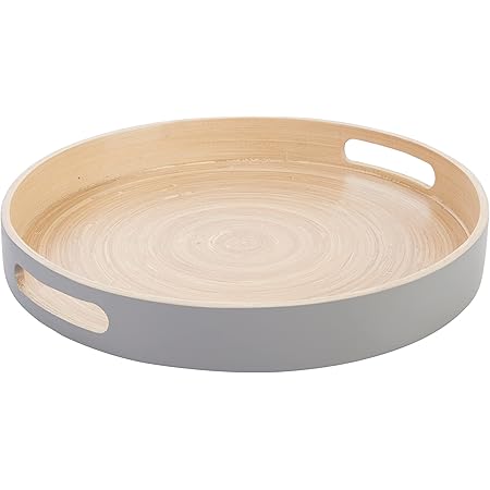 HABITAS Spun Bamboo Decorative Tray for Coffee Table, Ottoman Tray, Wooden Tray, Round Tray, Coffee Table Tray Decor, 13.75 Inches Large Round Serving Tray (Gray)