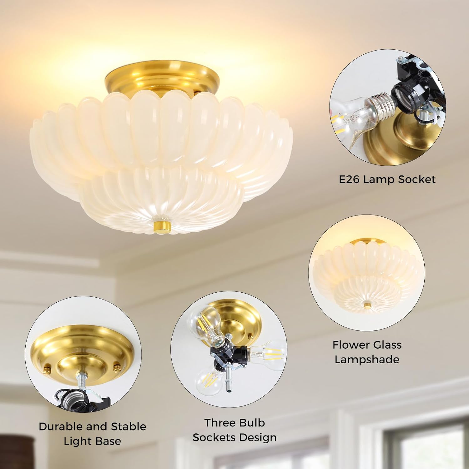 Semi Flush Mount Ceiling Light Fixture Vinatge Gold Ceiling Lights Mid Century Modern Milk White Glass Close to Ceiling Lighting Fixtures for Bedroom Hallway Foyer Bathroom Kitchen Laundry Room