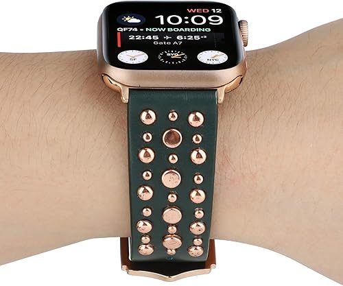 Vista 10 de Correas de cuero con tachuelas compatibles con Apple Watch, correa de repuesto para iWatch Series 10 9 8 7 6 5 4 3 2 1 SE Ultra Negro/plateado