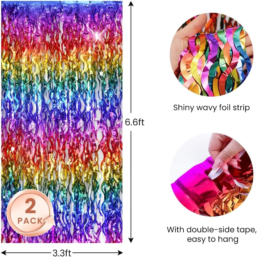 Shiny Rainbow Foil Fringe Curtain Wavy Rainbow Tinsel Streamer Backdrop for Party Decorations Birthday Wedding Graduation Baby Shower 2 Packs