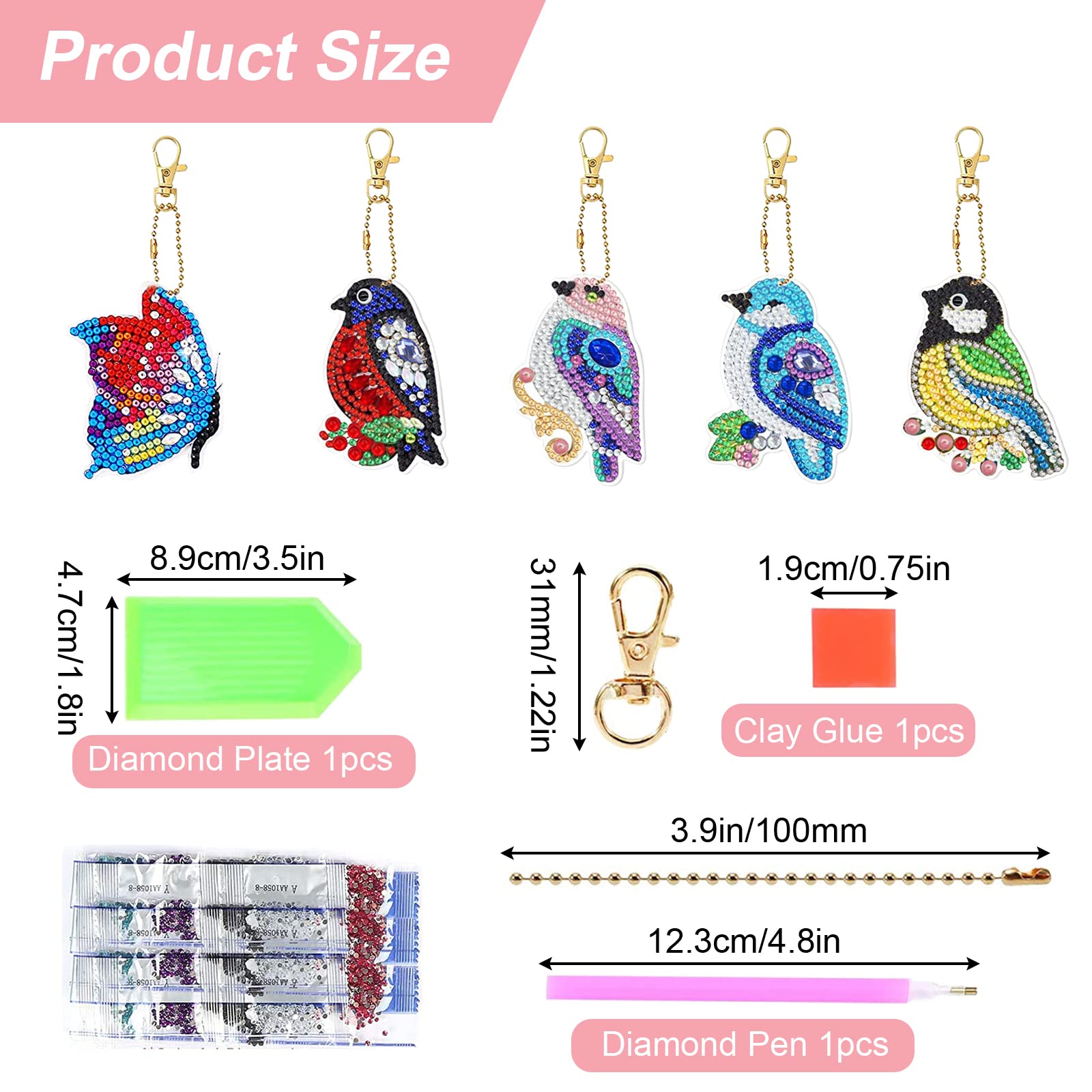 Fosoloni 8 Portachiavi Con Diamond Painting | Kit Fai Da Te A Forma Di Farfalla E Uccello | Per Adulti E Bambini - 4