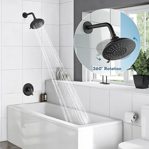 Miniatura 6 de Cinwiny Sistema de ducha de baño montado en la pared con válvula de equilibrio de presión, juego de grifo de ducha negro mate, 5 modos, cabezal de