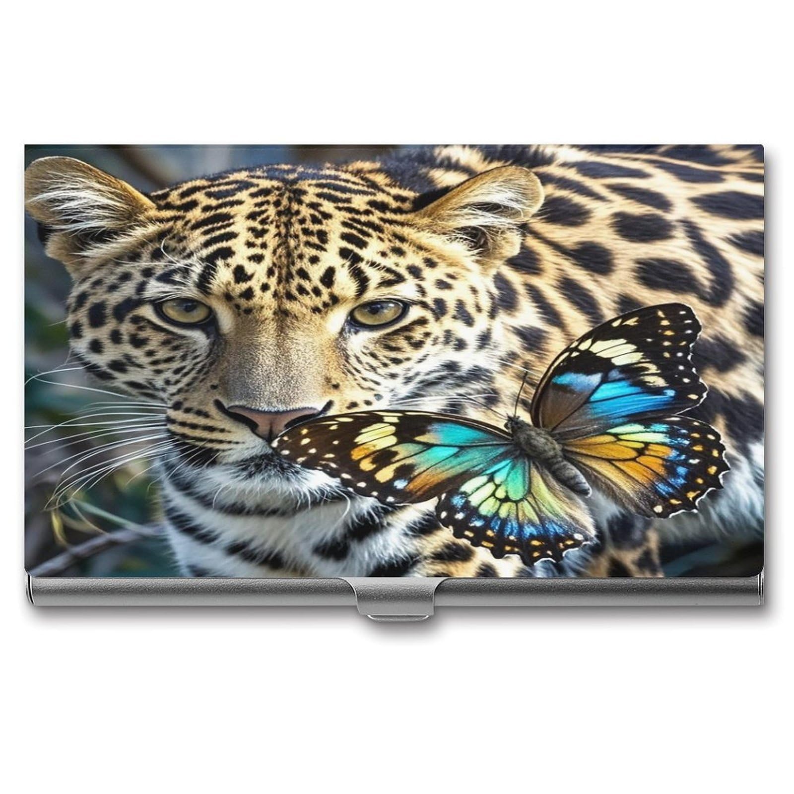 FekiLoot Leopard And Butterfly Business Card Holder Aluminum Alloy Business Card Case Convenient to Carry Business Card Dispenser for Men Women