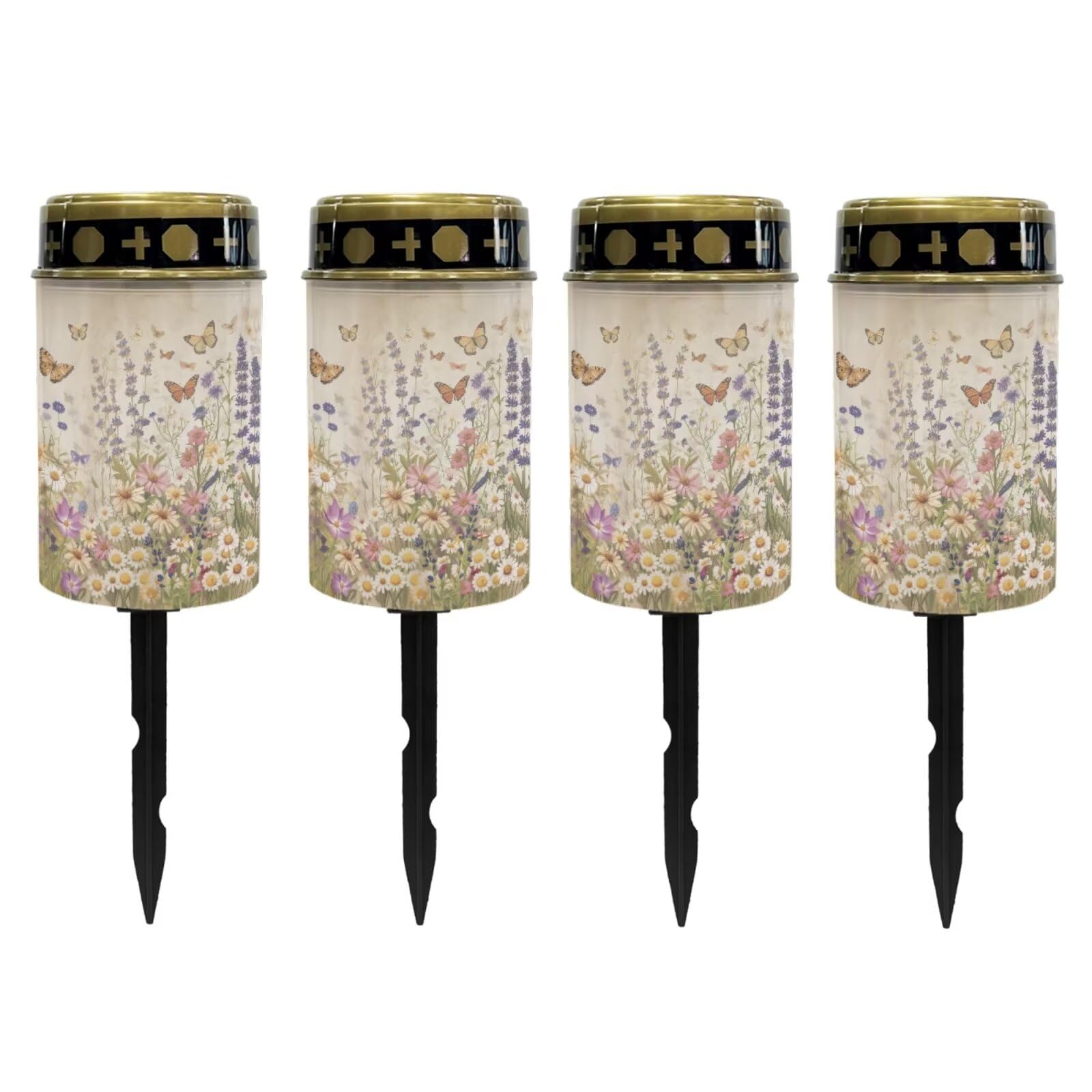 Poceacles Solar Lights Outdoor Solar Powered Outdoor Cemetery Stake Lights Grave Solar Lamp Landscape Lighting Waterproof Grave Flameless Candles, Butterfly Daisy Lavender Floral, Pack of 4