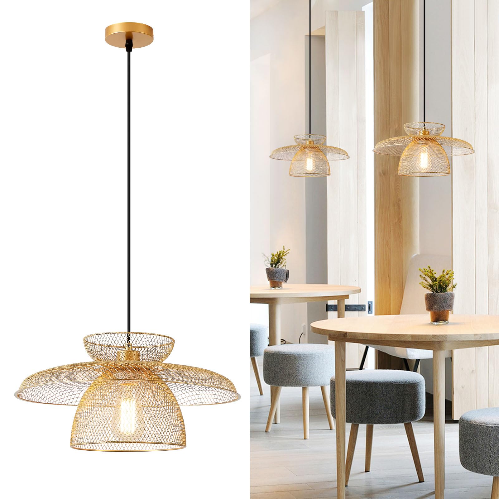 Harper Living Gold Pendant Ceiling Light With Metal Mesh Shade, Hanging Industrial Light