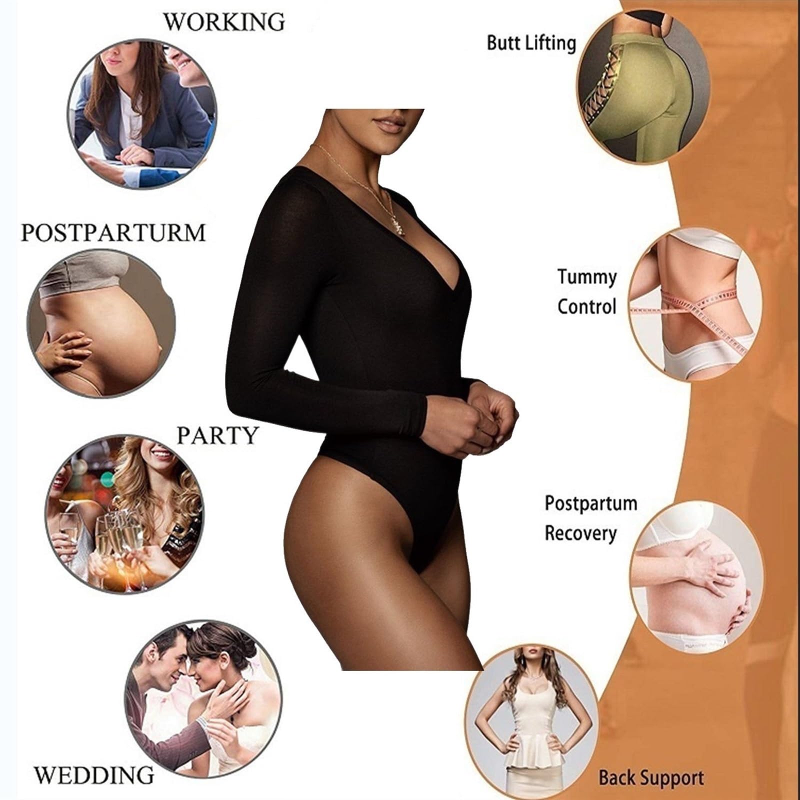 LYGBAOFUL Damskie body wyszczuplają brzuch Z długim rękawem Stringi Body Seksowne body dla kobiet Topy z głębokim dekoltem w serek