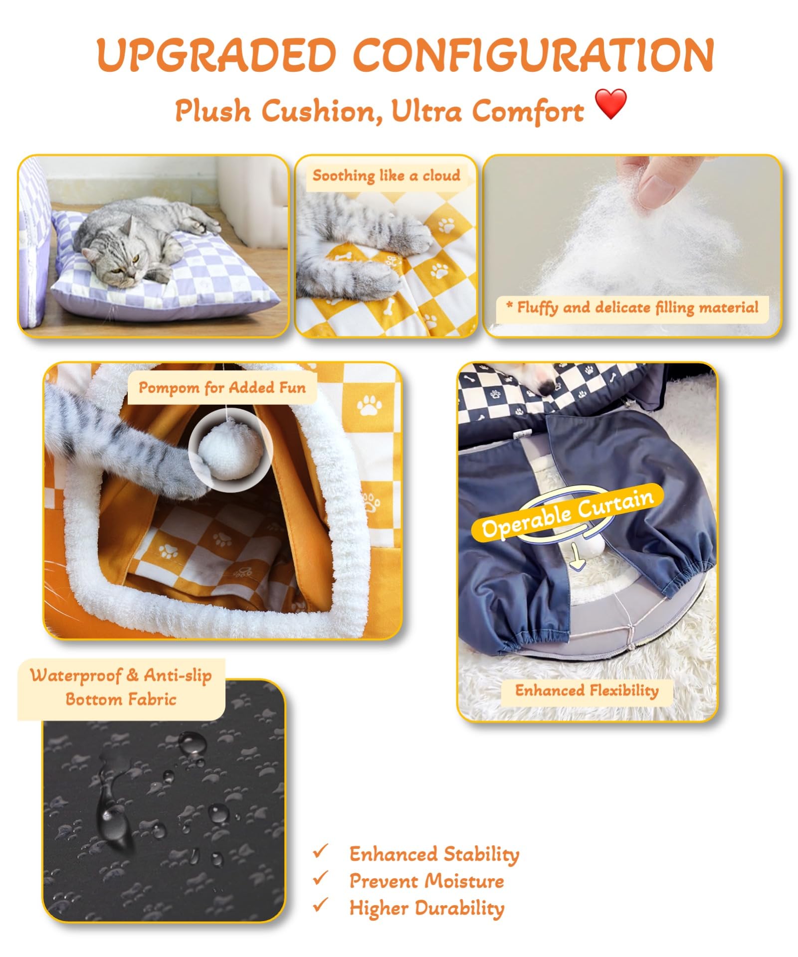 Cuccia multiuso 2 in 1, morbida cuccia per cani e gatti, trasformabile in letto con cuscino caldo e tenda, fodera portatile rimovibile e lavabile (Deluxe, grigio a quadri, grande)