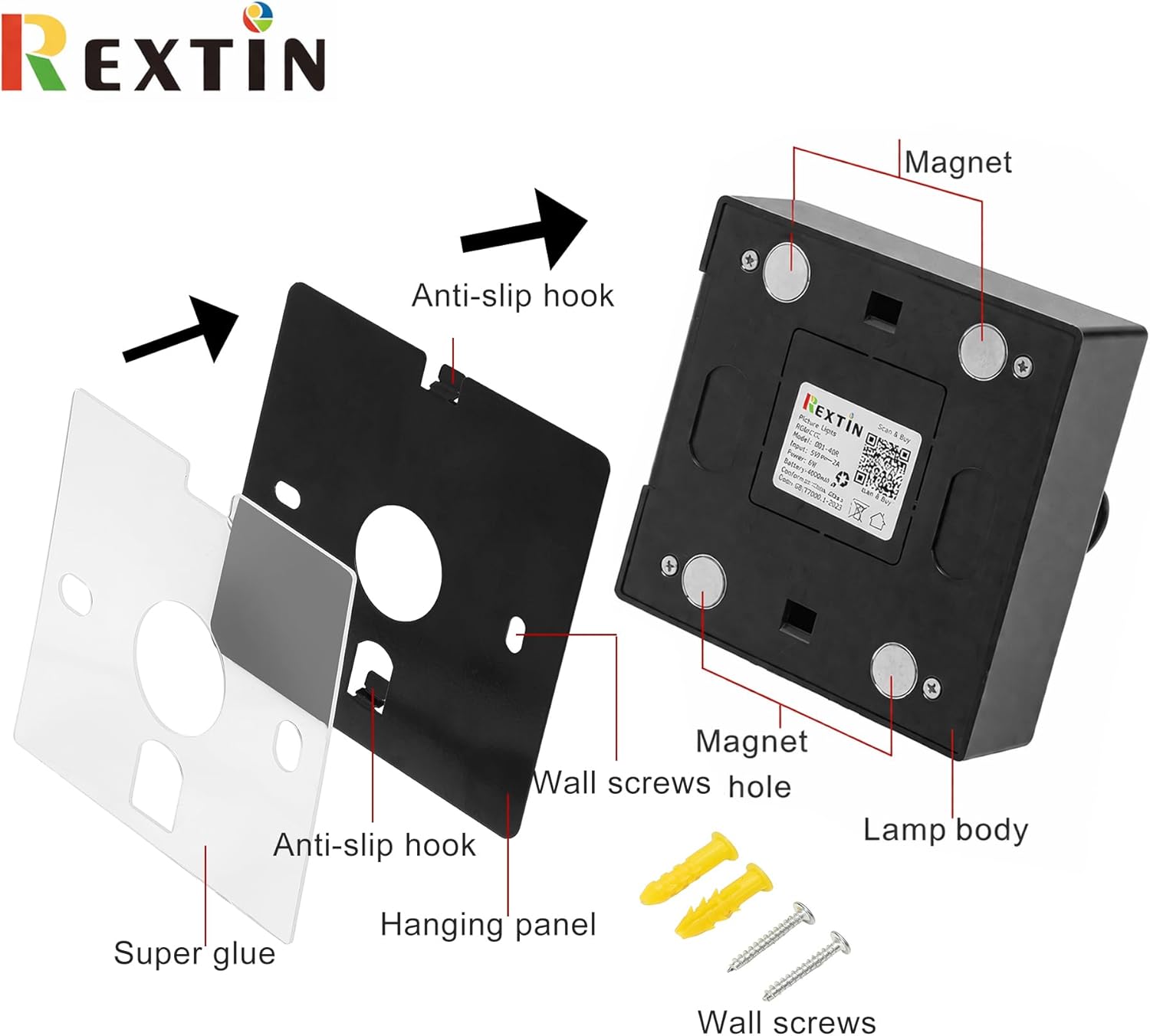 REXTiN Picture Lights Rechargeable for Wall: 2pcs Battery Operated Wall Sconces Wireless Art Lighting for Painting Canvas Gallery 360° Rotatable Detachable Battery Aluminum 48H (2, Black)