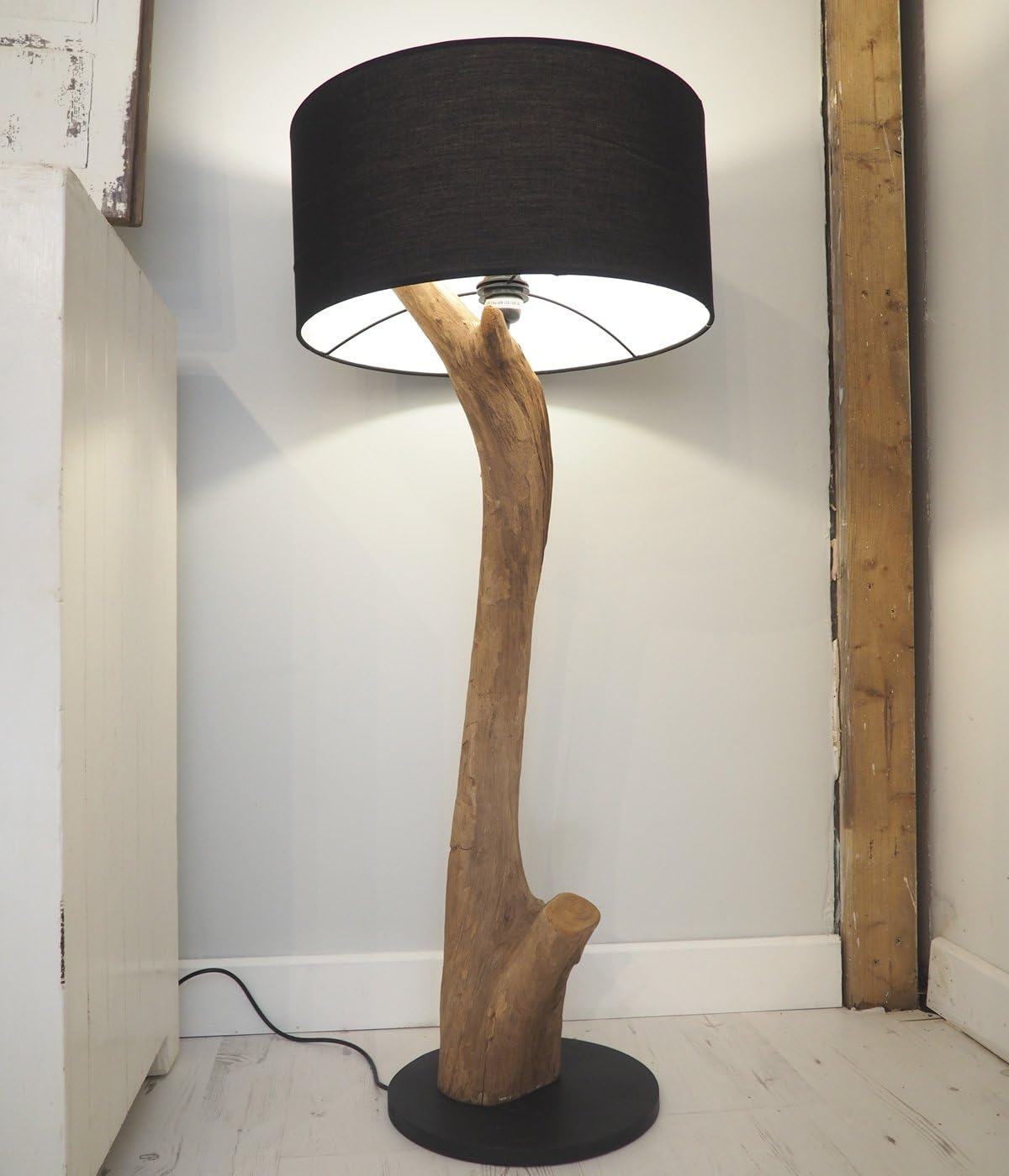 Reclaimed Teak Wood Floor Lamp - Desk Lamp - Choose a Black or White Lampshade - 110-130cm H (Black Lampshade)