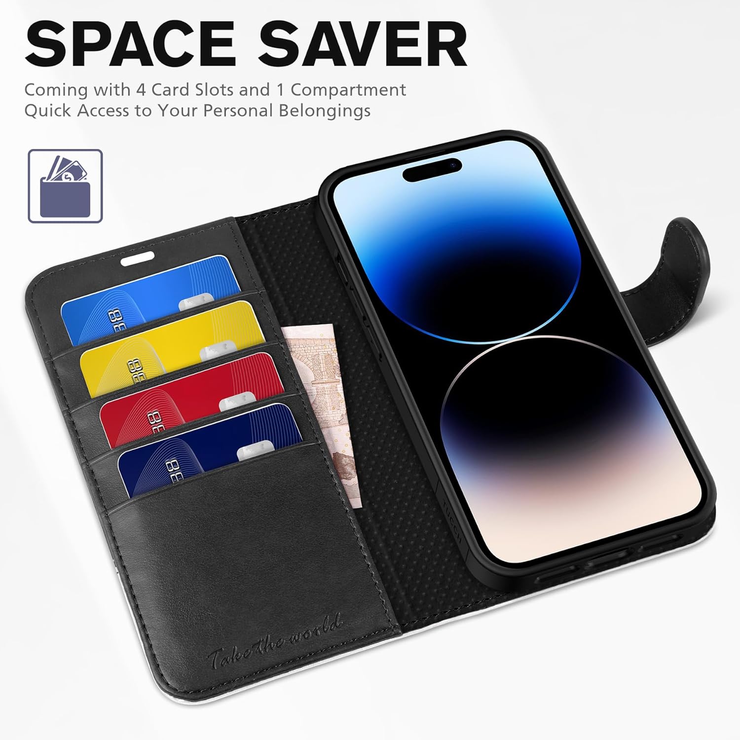 TUCCH Case Wallet for iPhone 14 Pro Max, [TPU Shockproof Inner Shell], PU Leather [RFID Blocking] 4 Card Holder Magnetic Stand Protective Cover Compatible with iPhone 14 Pro Max 6.7", Black & White