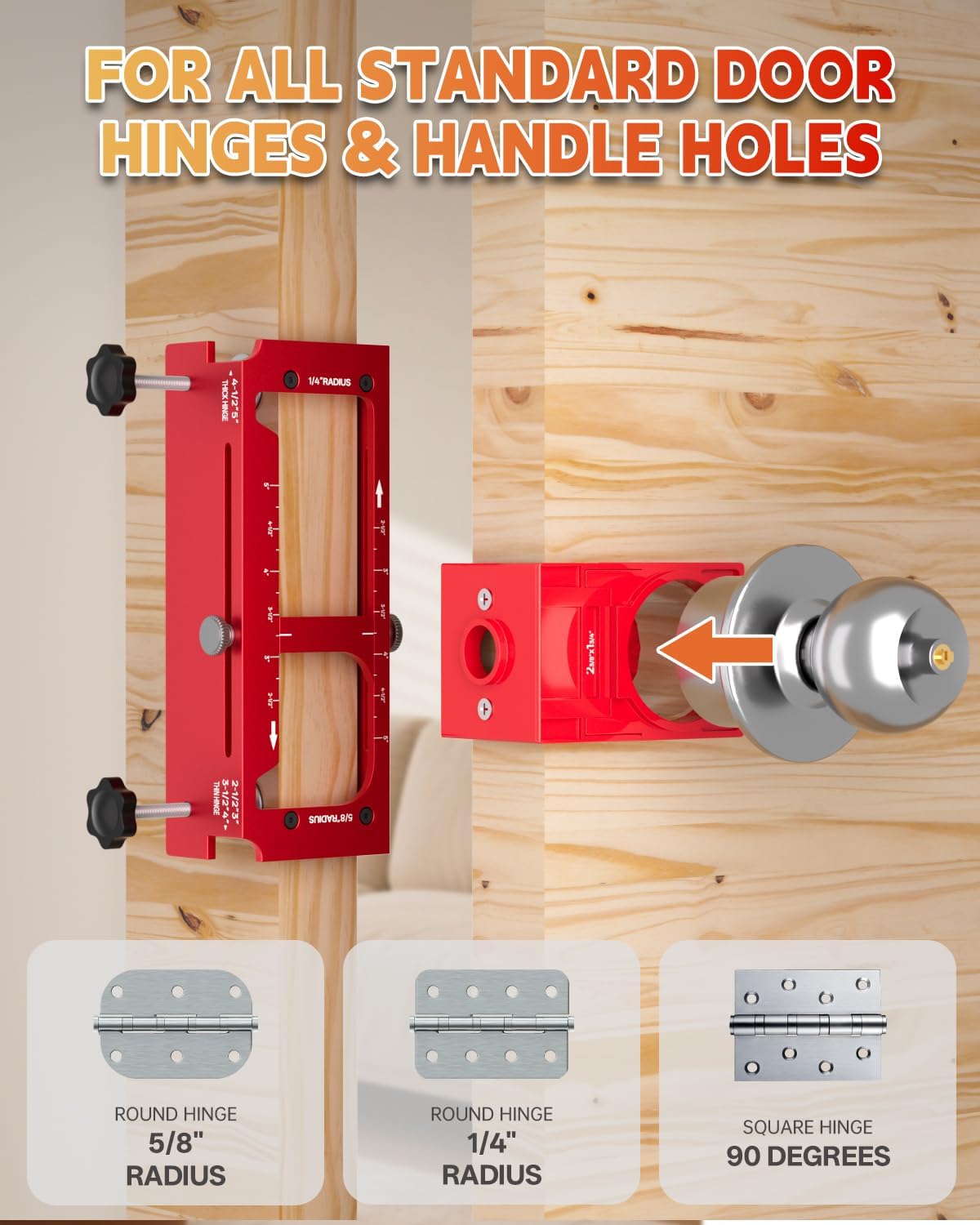 Door Hinge Jig and Door Lock Installation Kit, Aluminum Alloy Router Template for Hinge Mortising from 2.5" to 5" and Types of Square, 1/4", 5/8" Radius, Door Hole Drilling Kit for Knob and Deadbolt