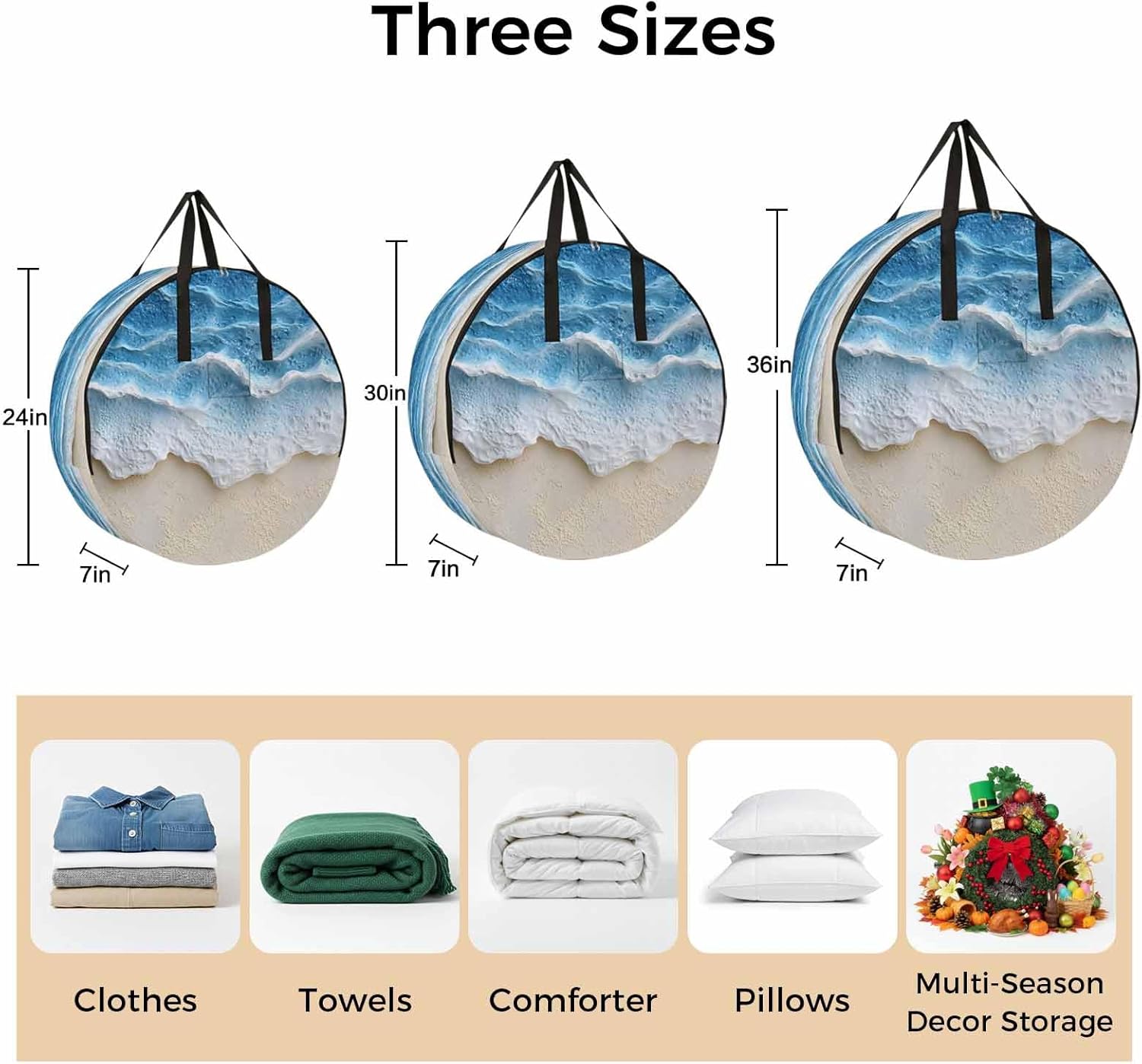 Abstract Beach Wave Round Storage Bag 36 Inch, Watercolor Blue Ocean Decor Clothes Storage Container with Handles Heavy Duty Organizer for Comforter, Bedding & Holiday Wreaths