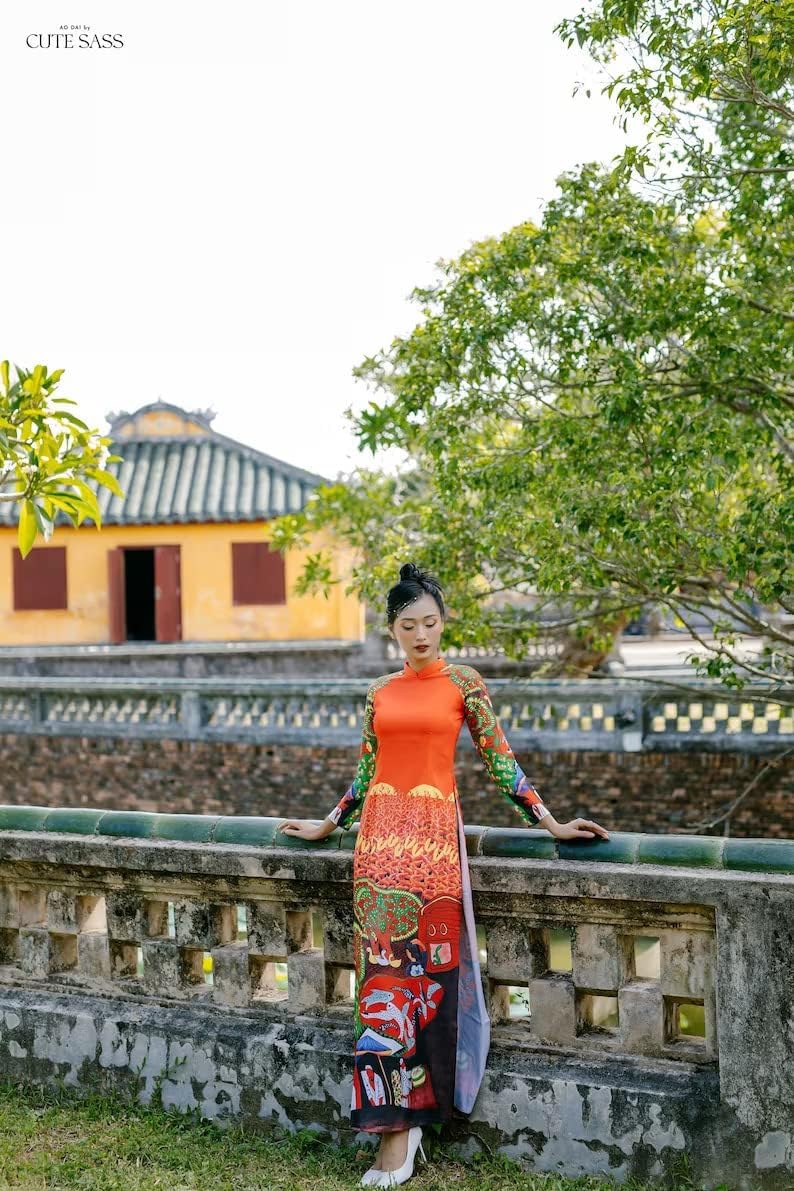 CuteSass Silk Orange Red Pattern Ao Dai Set, Pre-made Traditional Vietnamese Ao Dai, Women Ao Dai with Pants, Lunar New Year