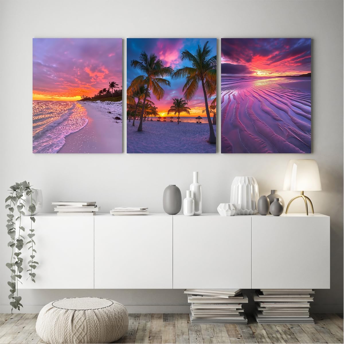 Arte en Lienzo Playa Atardecer Océano Paisaje Moderno 50x70cmx3