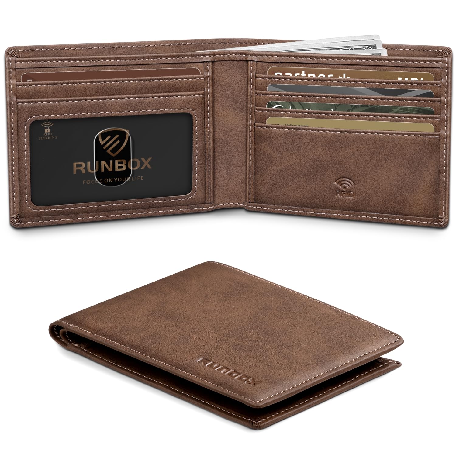 RUNBOX Wallet for Men Slim Leather Bifold RFID Blocking Minimalist Front Pocket Design with Gift Box
