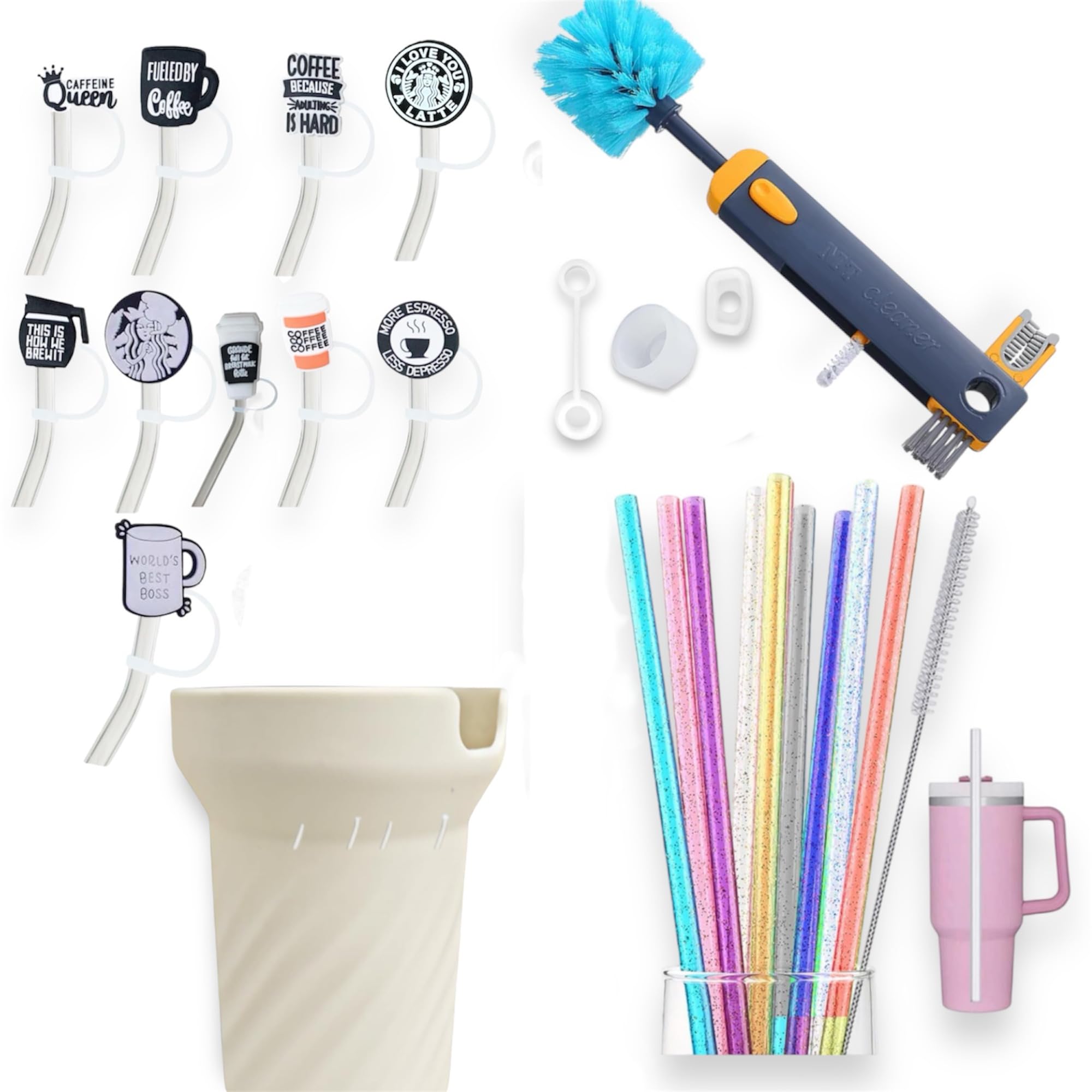 Stanley mug Accessories Set. Coffee Lover's edition: Mugs, Straws, Brush, Coasters (Pearl)