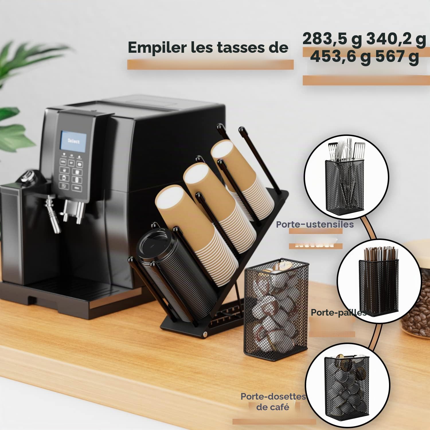 Ovicar Porte-gobelet et couvercle – Porte-gobelet réglable à 4 compartiments jetables avec panier en maille pour rangement de dosettes de café en métal (noir)