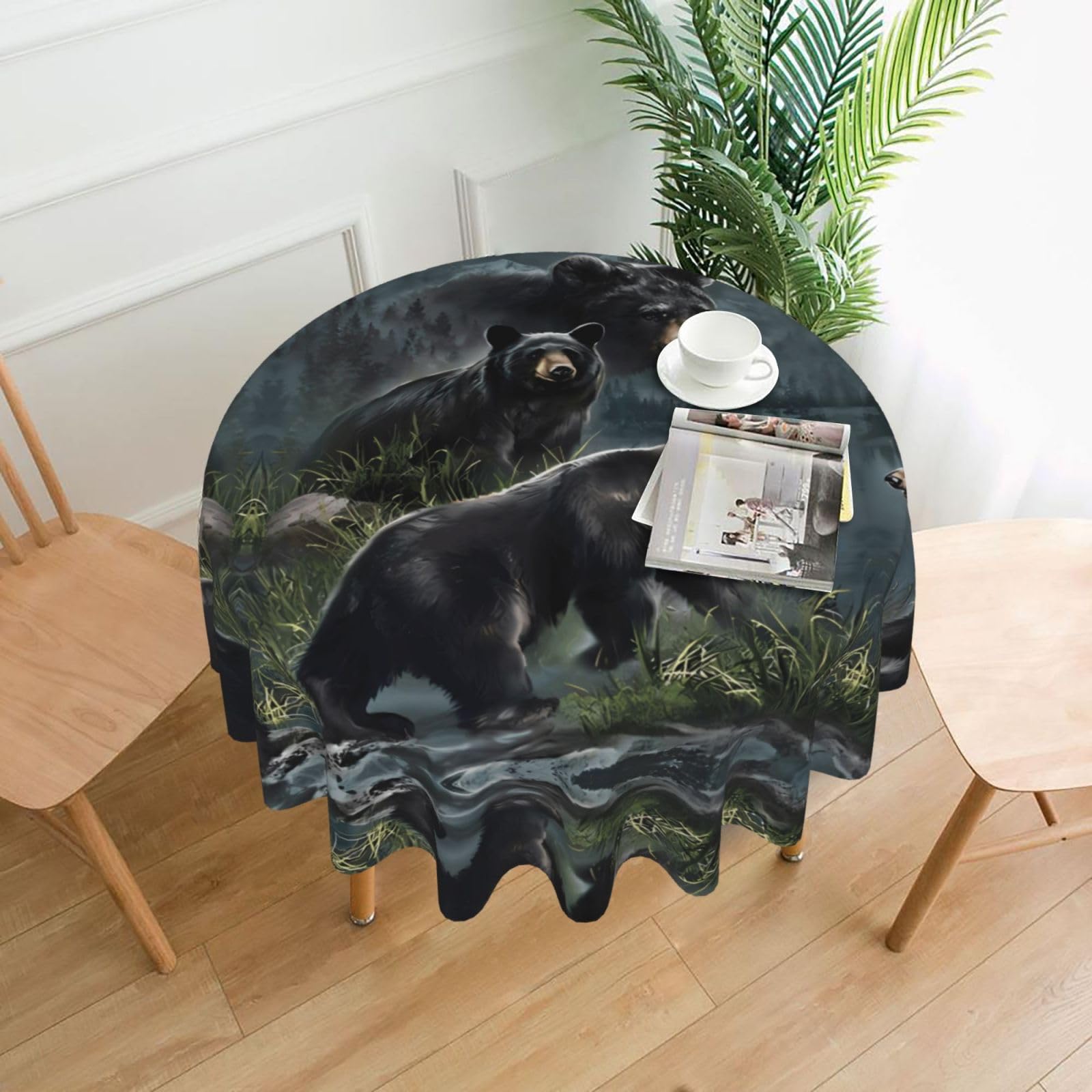 Yyhwhjde Black Bear Prints Round Decorative Table Throw 60In – Waterproof Table Cover For Elegant Dining & Outdoor Gatherings