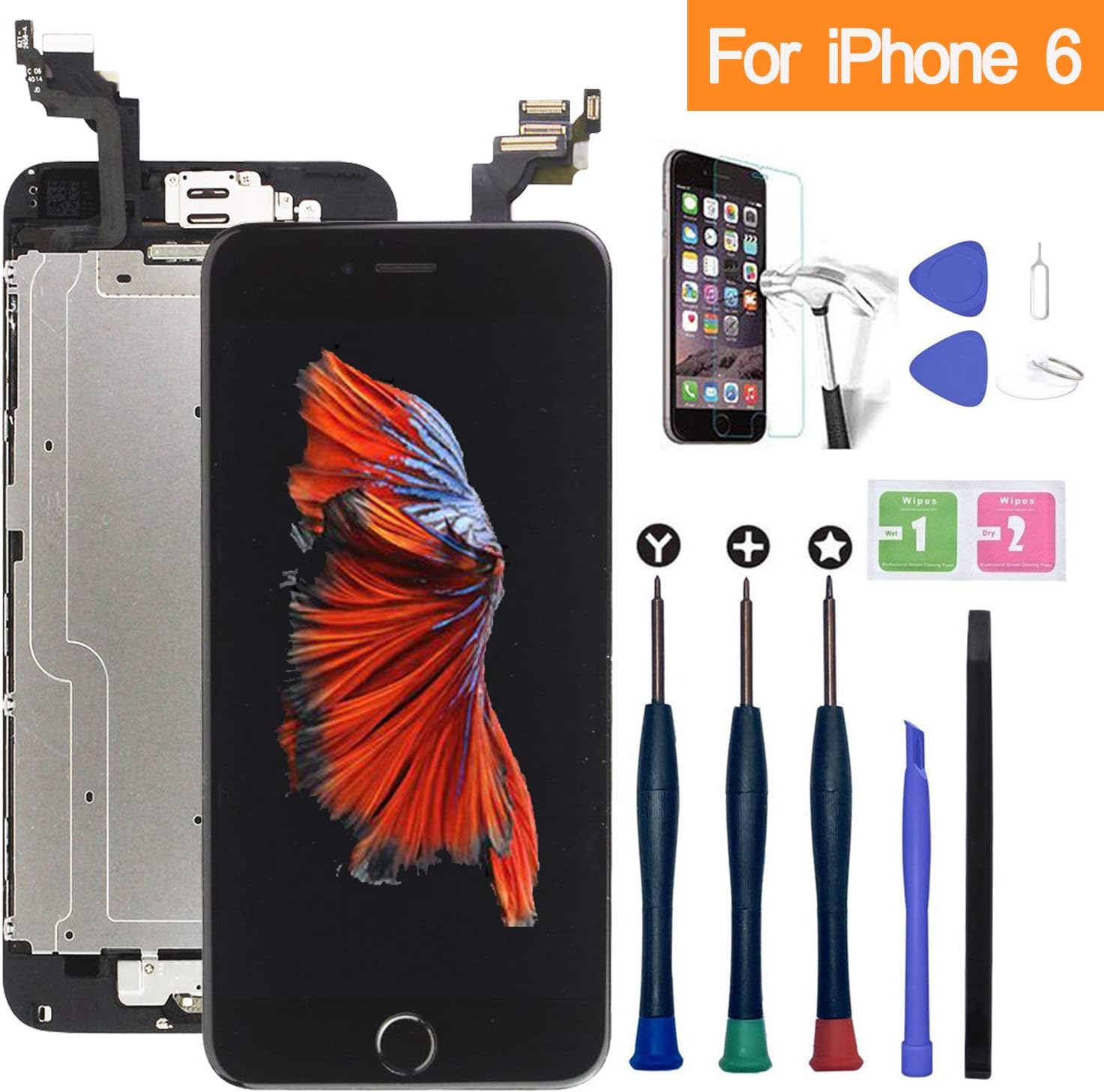 Xlhama LCD Touch Screen for iPhone 6 Black 4.7 "Assembled with Home Button, Proximity Sensor, Earpiece, Front Camera and Repair Kit Full Assembly Repair