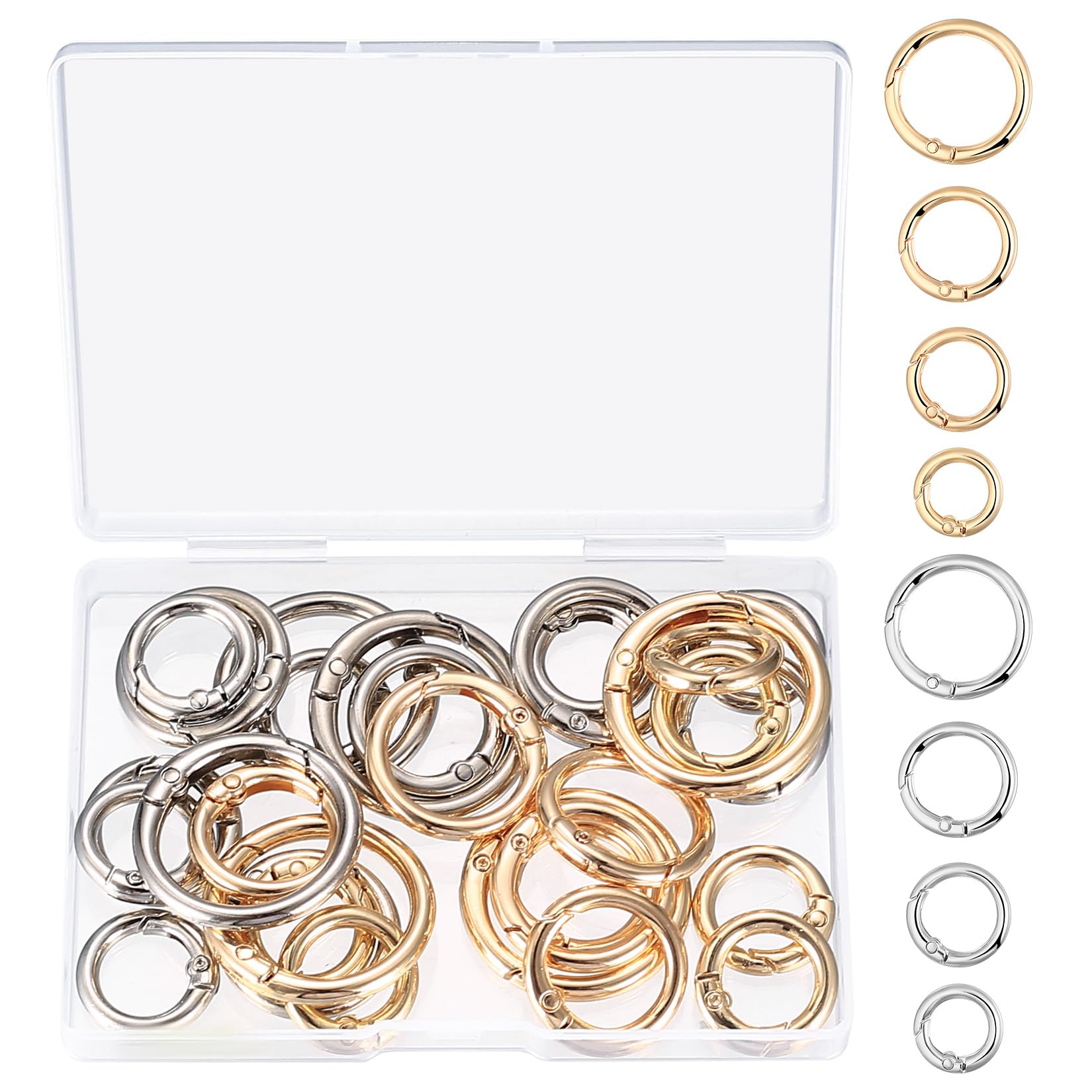 30 Pcs Metal Spring O Rings, Multi-Size Round Spring Clips, Key Rings, Round Carabiner Snap Trigger Spring Buckle Clips for Bag Purse Handbag Craft Making, Gold+Silver