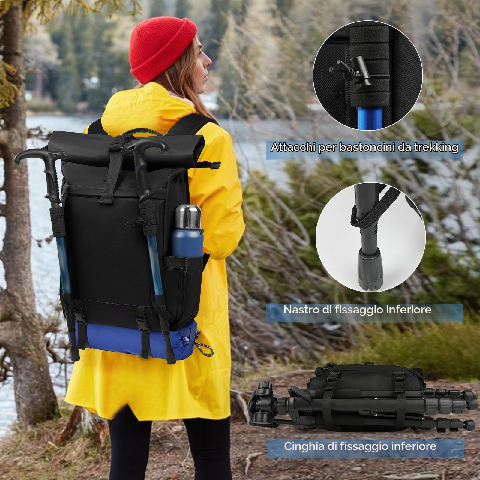 RAINSMORE Zaino Uomo Donna Porta PC 17 Pollici Impermeabile Zaino Viaggio | Zaino Trekking con Foro USB per Lavoro Alpinismo Trekking Campeggio Nero