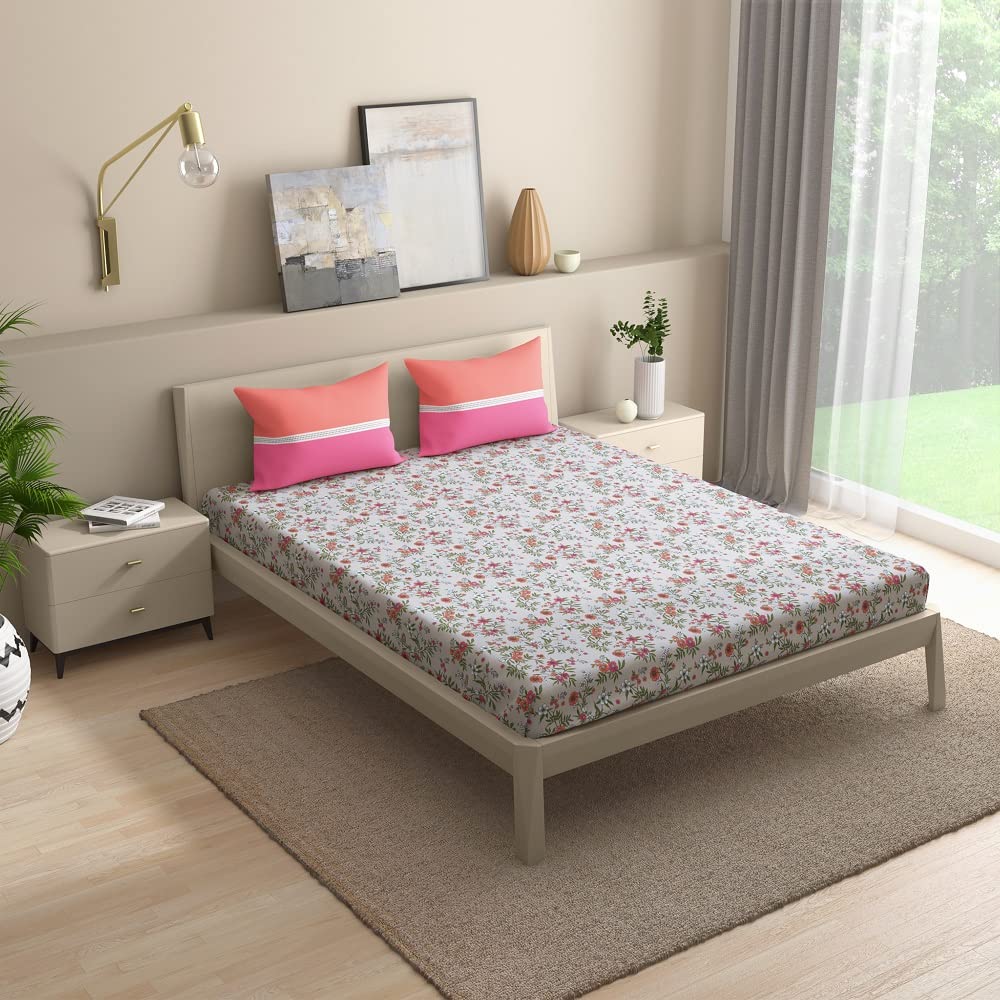 Wakefit Cotton Fitted Bedsheet | 200 TC Elastic Fitted Sheet, King Bed Bedsheet with 2 Pillow Covers | Gloria - 78x72 inches