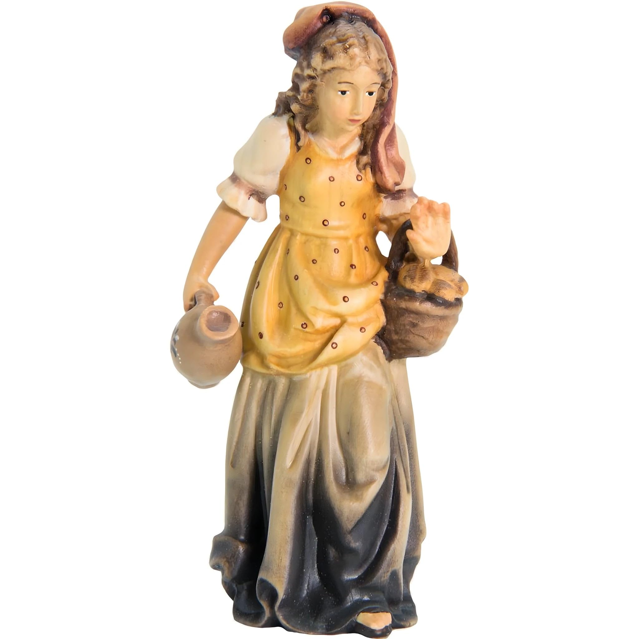 Pastora con jarra de agua y cesta de fruta de madera 18 cm | Madera pintada a mano en Val Gardena | Belén y Natividad