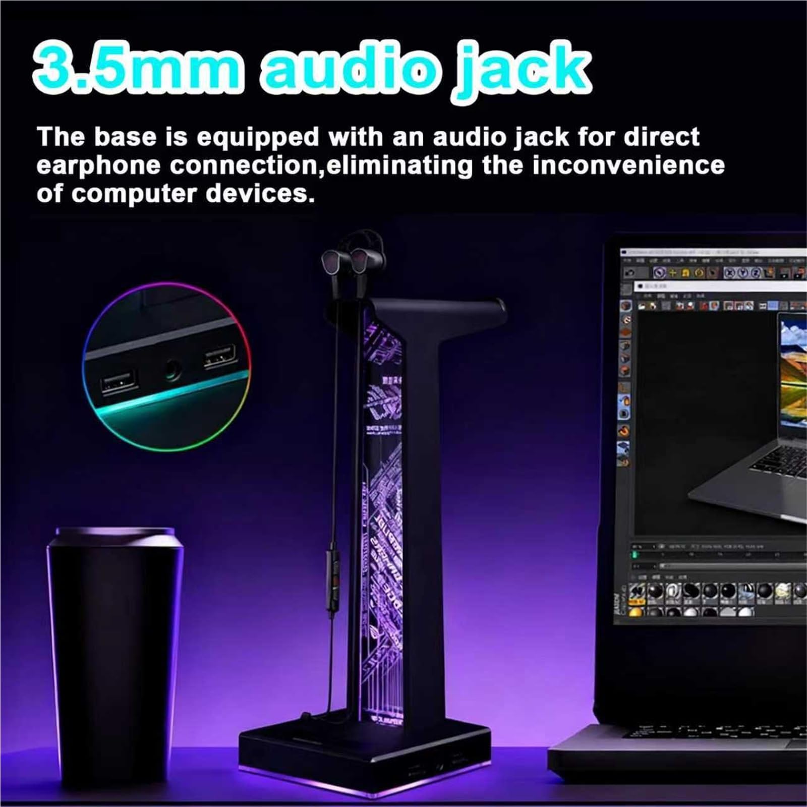 Generico Soporte Acrílico For Auriculares Gaming, RGB, con Puerto De Audio USB/3,5 Mm, 10 Modos De Luz, Ideal For Gamers, Hombres Y Amantes De La Música.(Black)