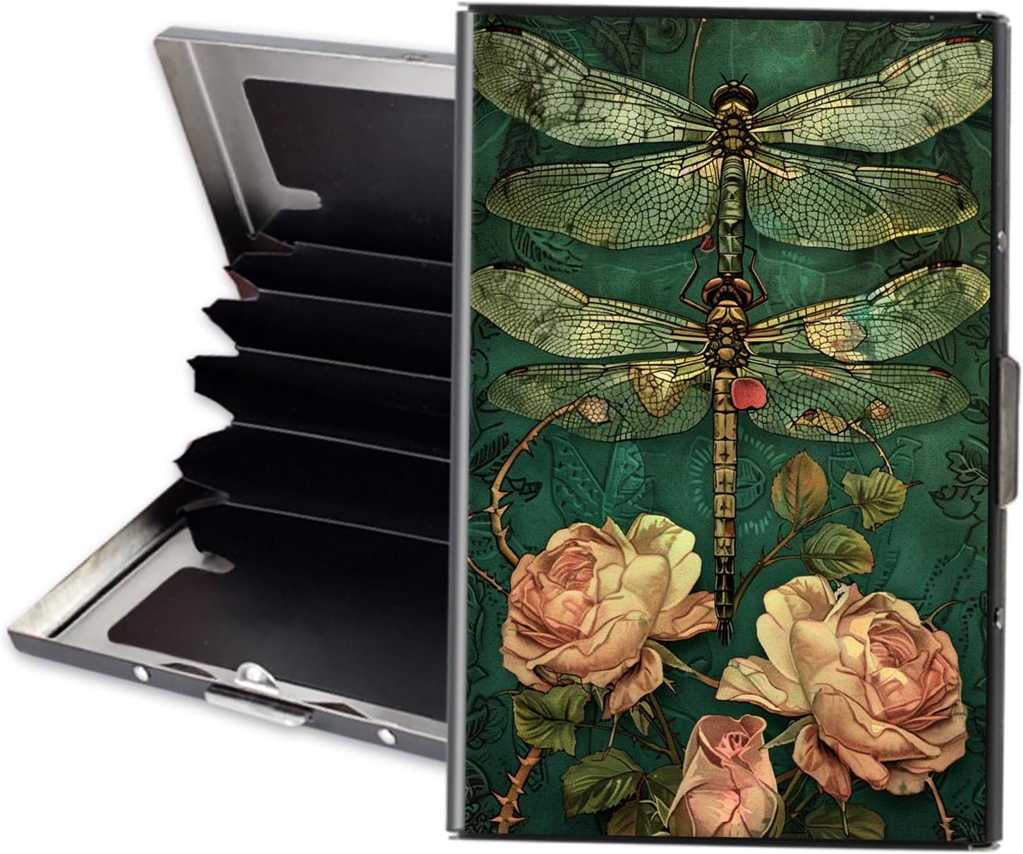 Metal Wallet, Minimalist Aluminum RFID Wallet & Credit Cards Wallets, Dragonfly Roses 6 Slots Front Pocket Card Case, Slim Mini RFID Blocking Credit Card Holder for Men & Women