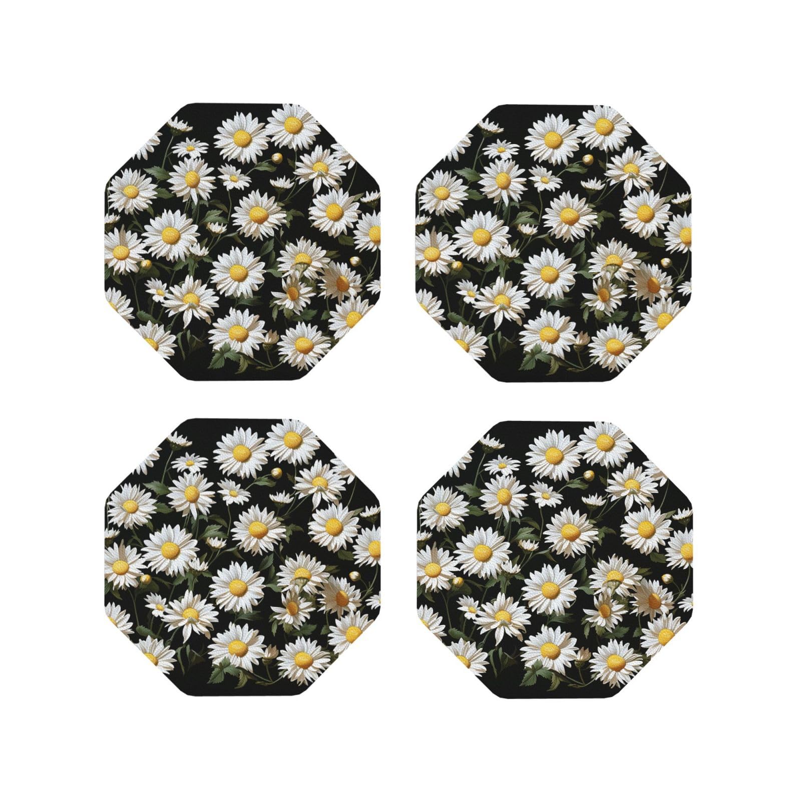 4pcs Drink Coasters for Tabletop Protection, 4" Leather Coasters for Drinks, Daisy Cup Coasters for Coffee Table Decor, Non-Slip Drinking Cup Mat for Hot Or Cold Drink