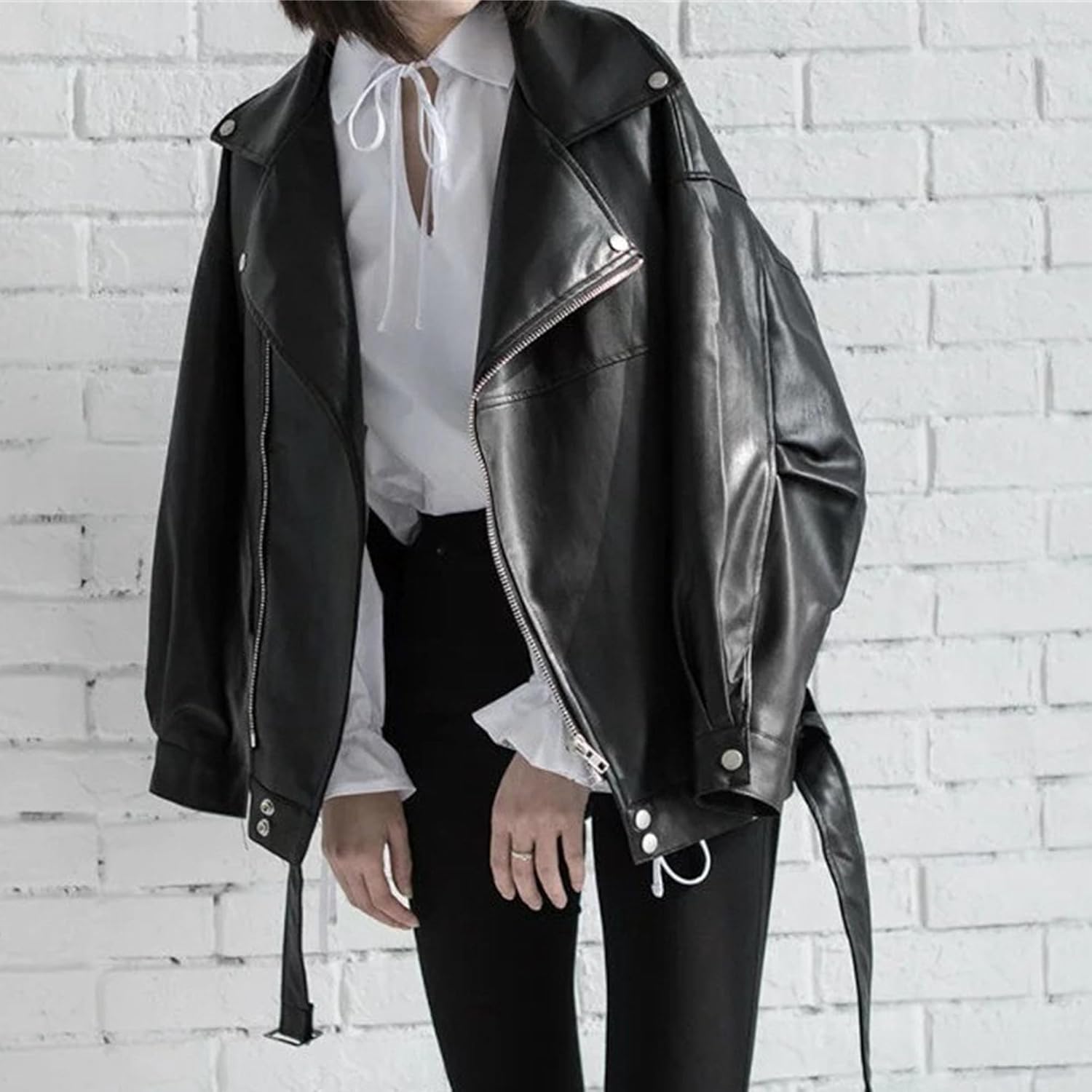 Women's Faux PU Belted Solid Coat Oversize Comfort Fall Coat Jacket Casual Faux Leather Outerwear