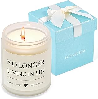 Wedding Gifts for Bride, Unique Bridal Shower Gifts, Funny Engagement Gift for Couples, Newly Engaged Bride and Groom Gift His and Her Anniversary Present No Longer Living in Sin Soy Wax Candle