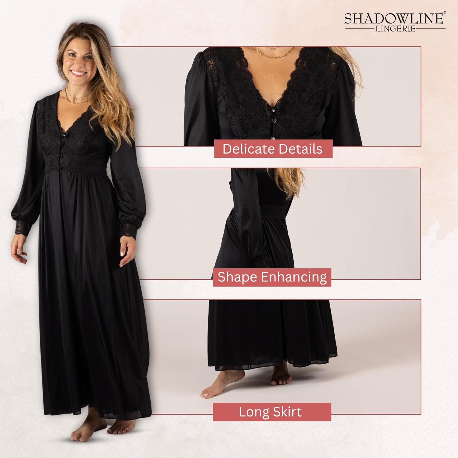 SHADOWLINE Women's Long Flowy Figure Flattering Button Down Robe- Silky Floral Stretch Lace Bodice Lingerie Elegant Sleepwear - Image 4