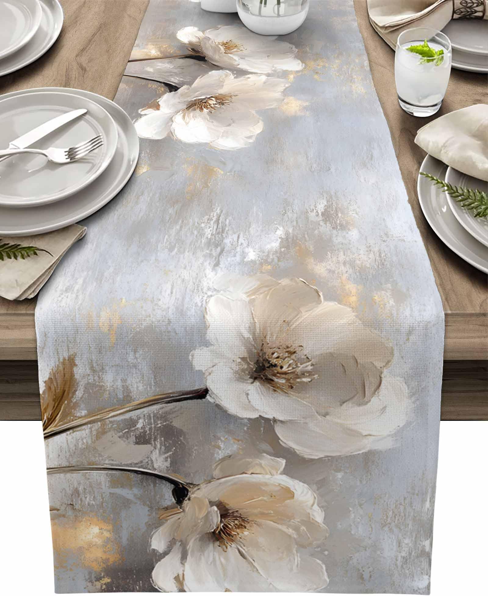 Table Runner - Cotton Linen 36 Inches Long, Retro Plants Tulips Dresser Scarves Tablerunner for Kitchen/Coffee/Dining, Home Décor Holiday Dinner Scarf