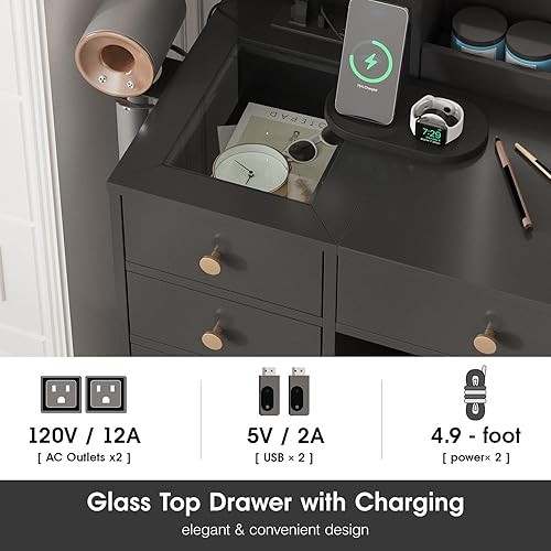 Miniatura 5 de Fameill Tocador de maquillaje negro con 10 luces y tomas de corriente, tocador grande con 3 compartimentos de almacenamiento, juego de tocador