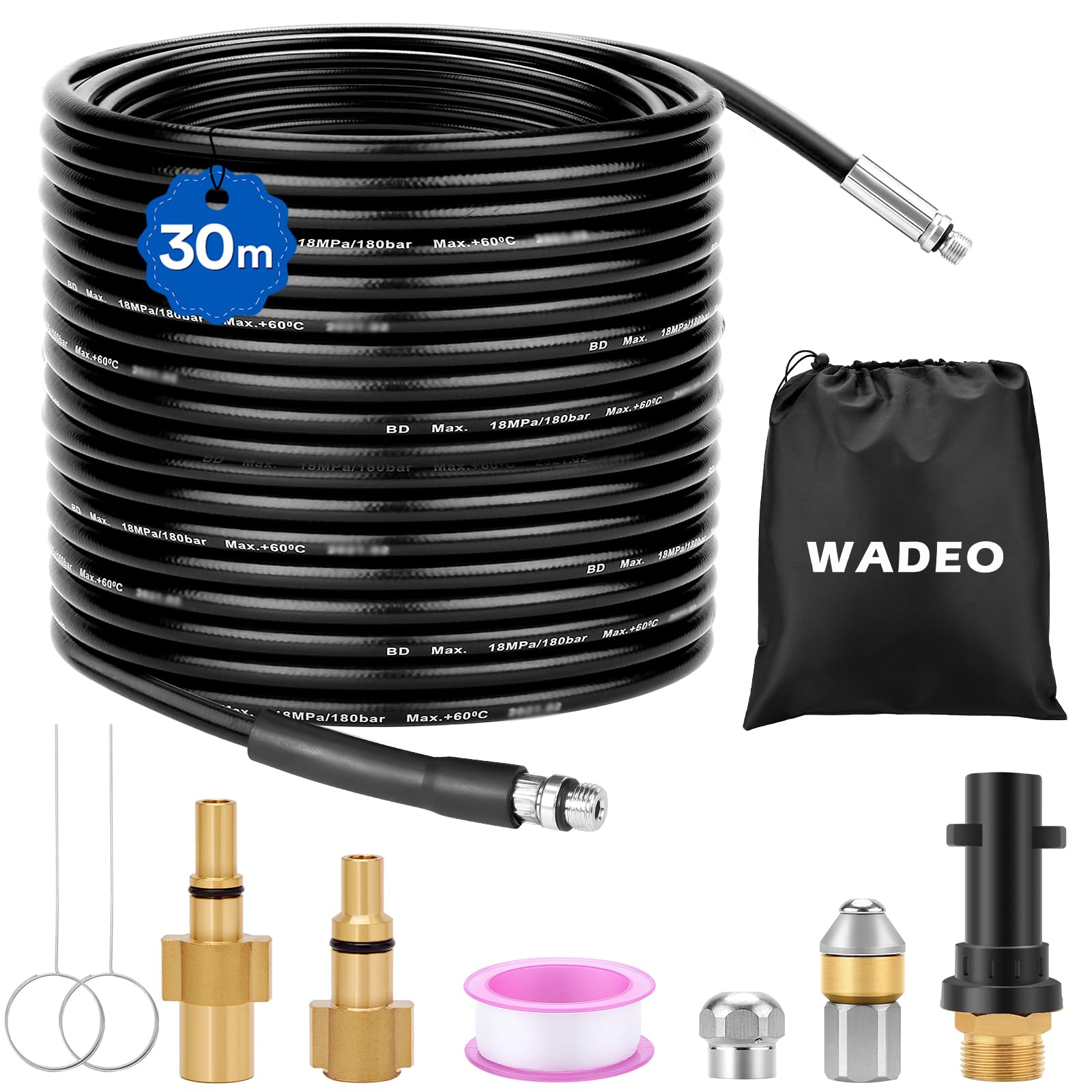 WADEO Tuyau de Nettoyage Haute Pression 30M 200 bar 60 °C, Deboucheur Canalisation, pour Karcher K-Series (K1-K7)& Lavor, avec Adaptateur
