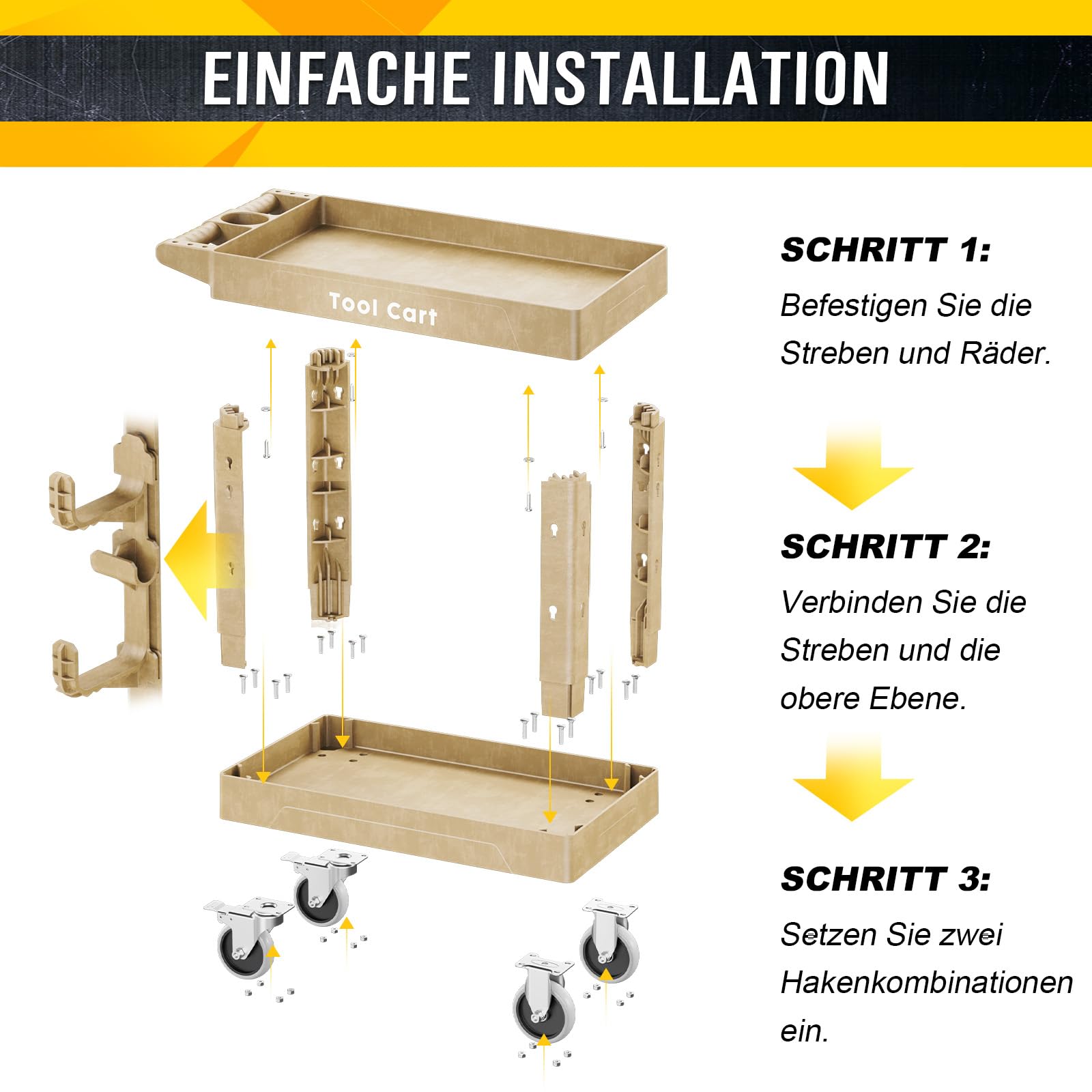 LDHTHOPI Servierwagen MAX 250kg,Werkstatt RollWagen 84.5x41.5x85cm mit 2 Lastaufnahmehaken,Schwerlast Kunststoff Vielzweckwagen 2 Lenkrollen mit Bremse,Holzfarbe,für Lager Garagen Büros Gärten Hotels
