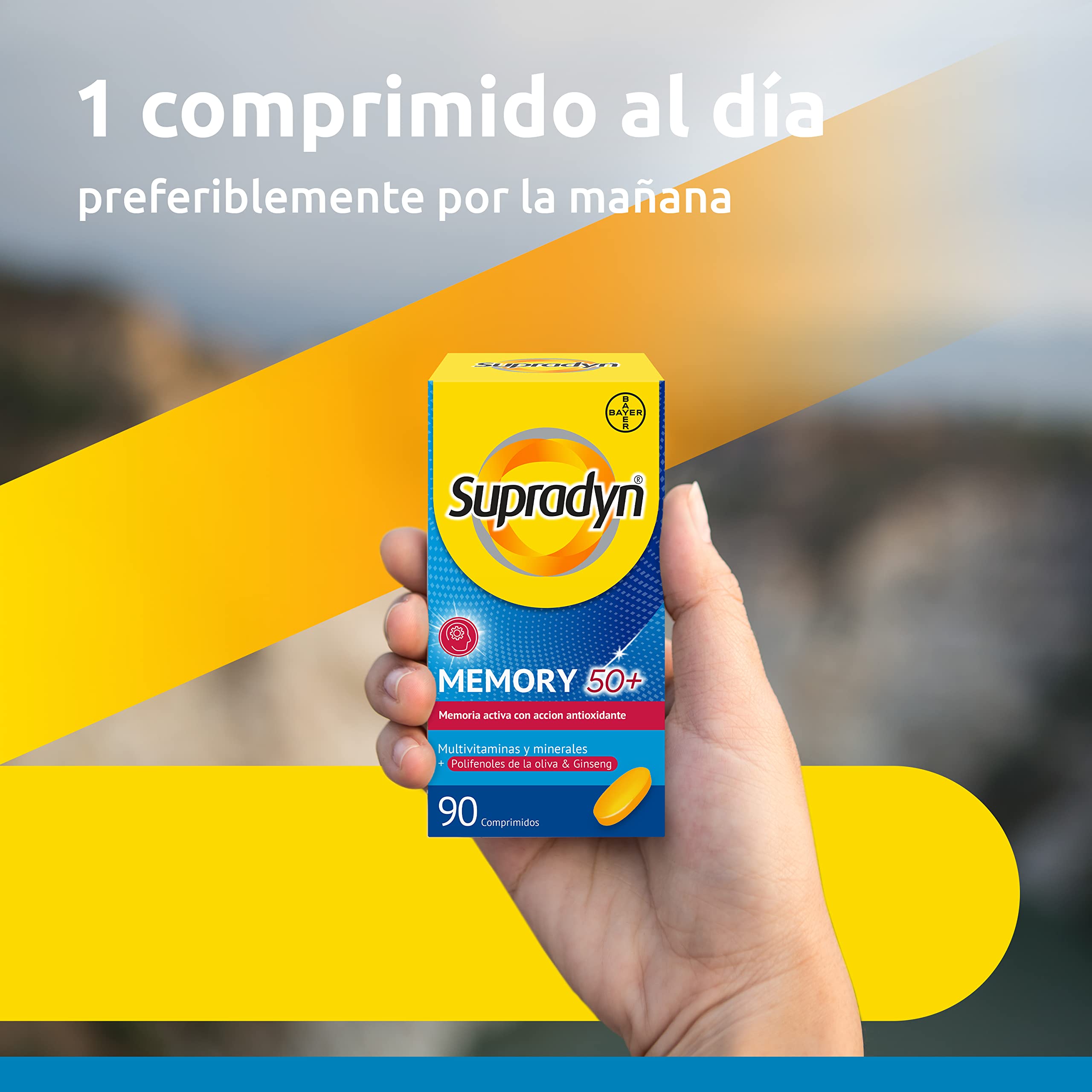 Supradyn Memory 50+ Multivitaminas Para La Memoria Y Concentración, Vitaminas, Vitamina C, Minerales, Ginseng, Zinc, Sin Glúten, Sin Lactosa, Naranja, Amarillo, 90 Comprimidos