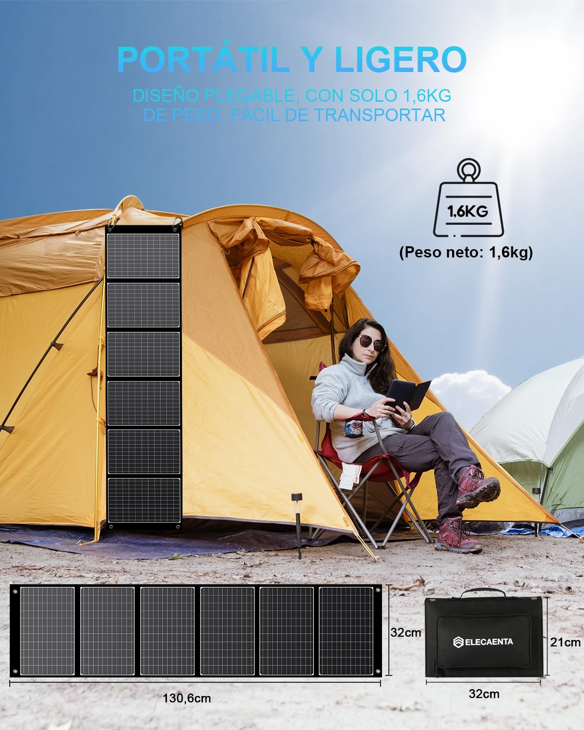 60W Cargador Solar Portátil, Placa Solar Plegable con 3 Puertos (PD45W USB-C/QC3.0 USB-A/18V CC), Panel Solar con IPX5 Impermeable para Móviles, Tablets, Estación de Energía, Acampar al Aire Libre