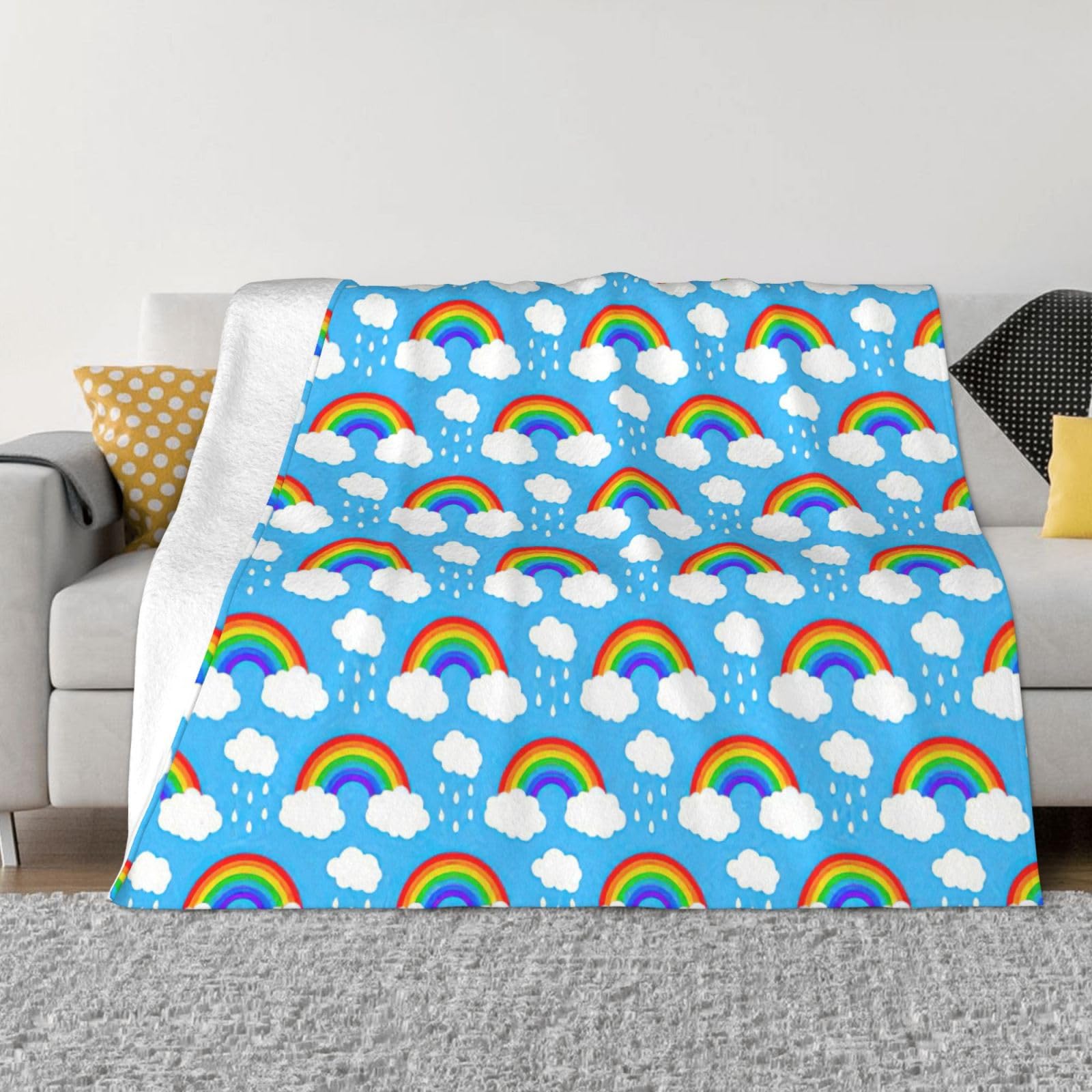 SDEGTHO Rainbow Clouds Raindrop Printing Ultra Soft Micro Fleece Anti Pilling Flannel Sofa Blanket For Camping Travel
