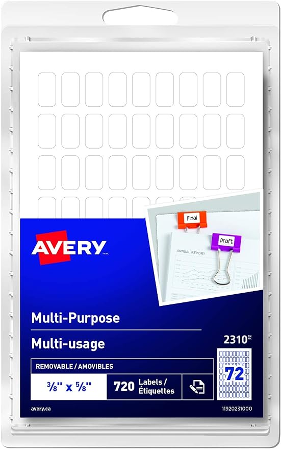 Avery Removable MultiPurpose White Labels 3/8" X 5/8", Pack of 720