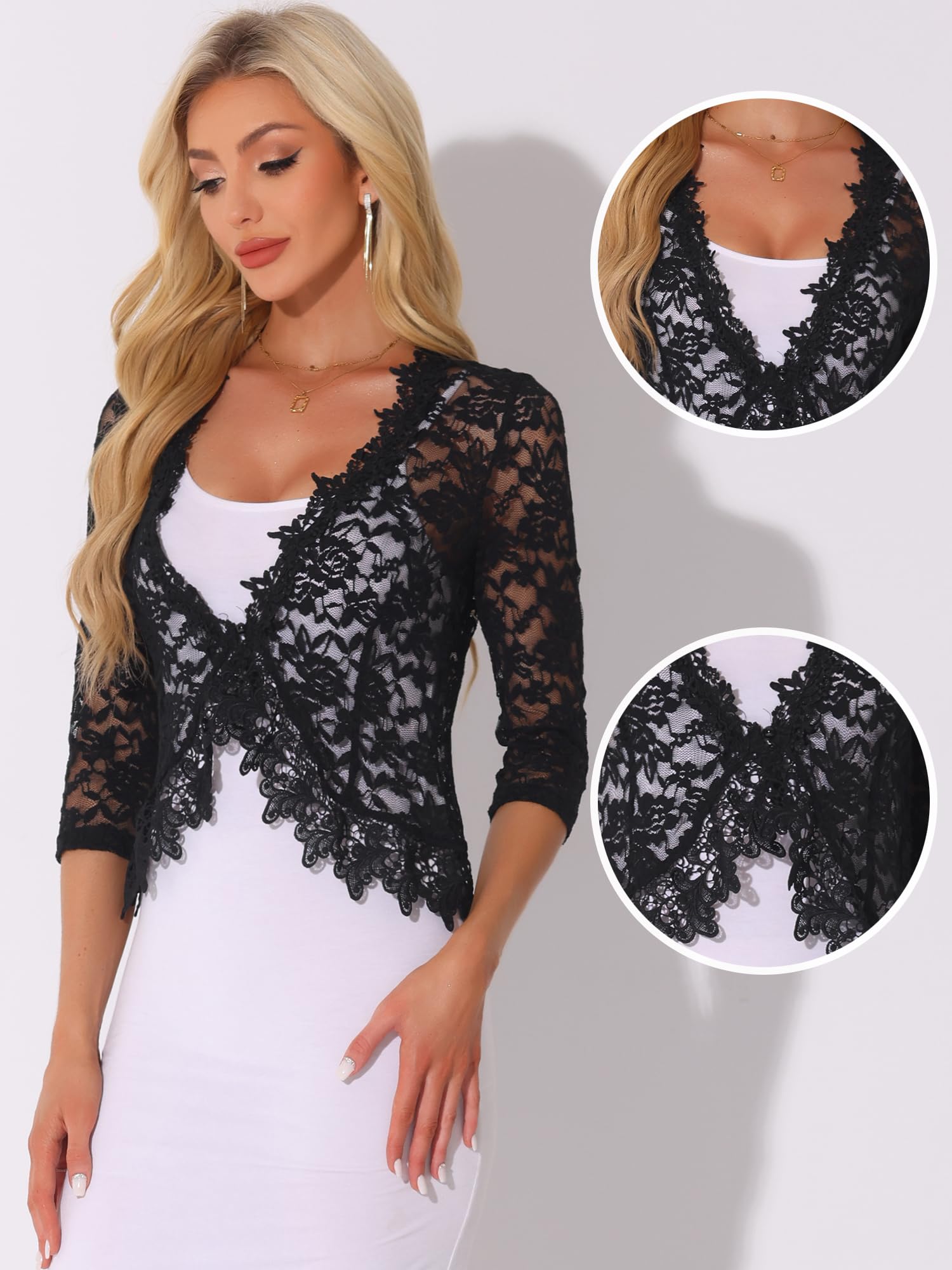 Allegra K Bolero de Encaje Floral para Mujer Manga 3/4 Formal Elegante Cárdigan Bolero