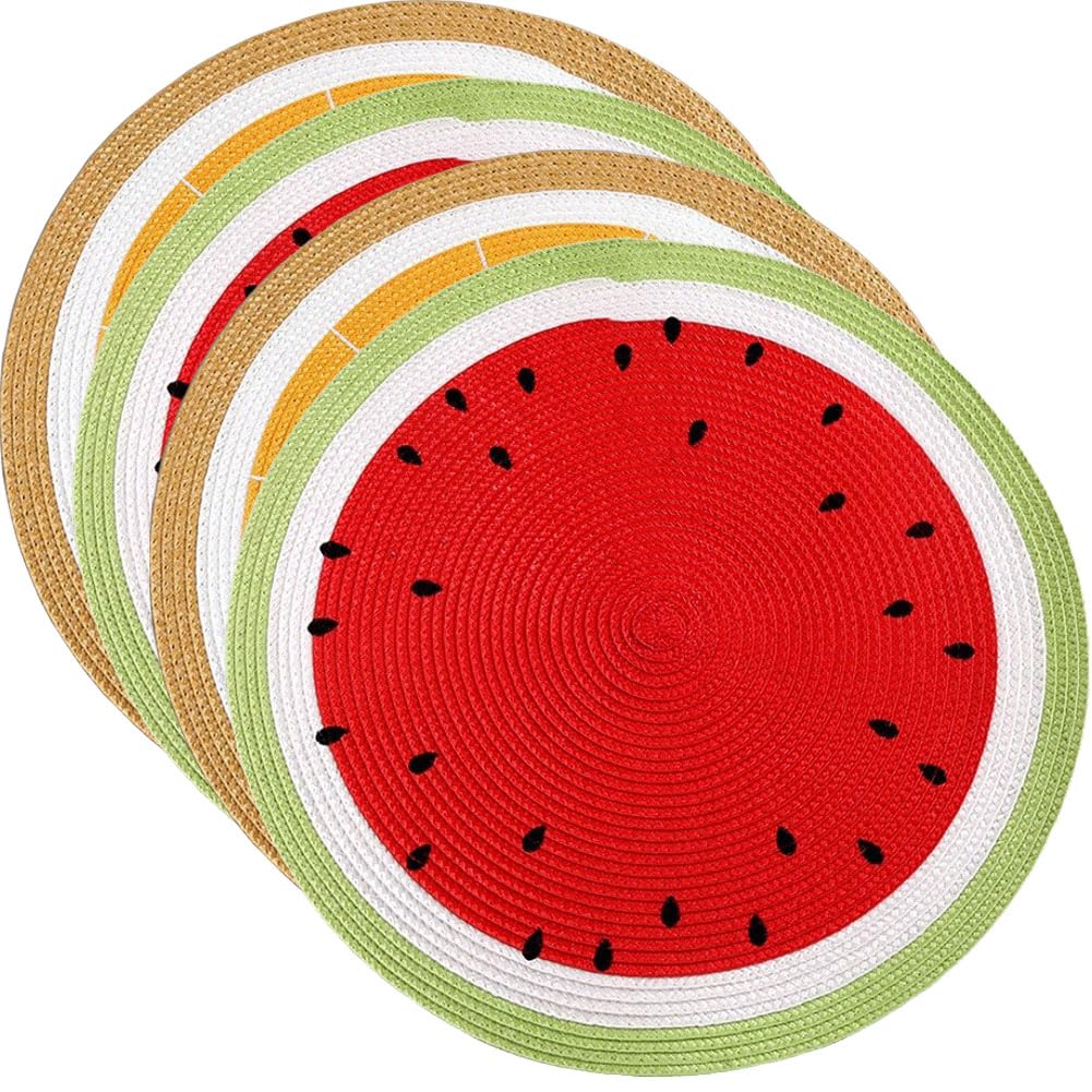 SCF2017 Round Woven Plastic Placemats 38cm Stylish and Practical Dining Table Mats,Set of 4,Watermelon+Lemon